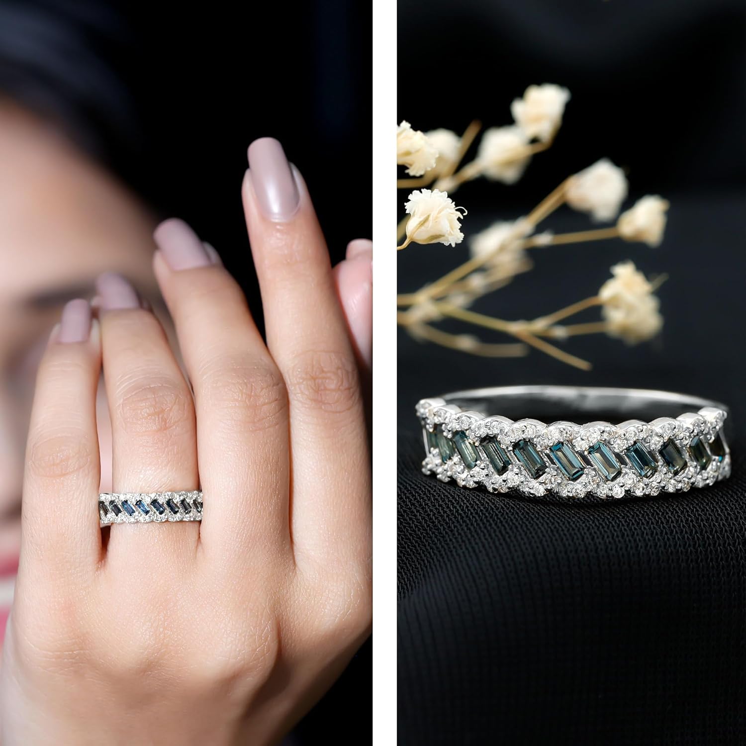 Certified London Blue Topaz Half Eternity Ring, AAA Quality, Natural Topaz Diamond Wedding Band for Women - Ready To Gift