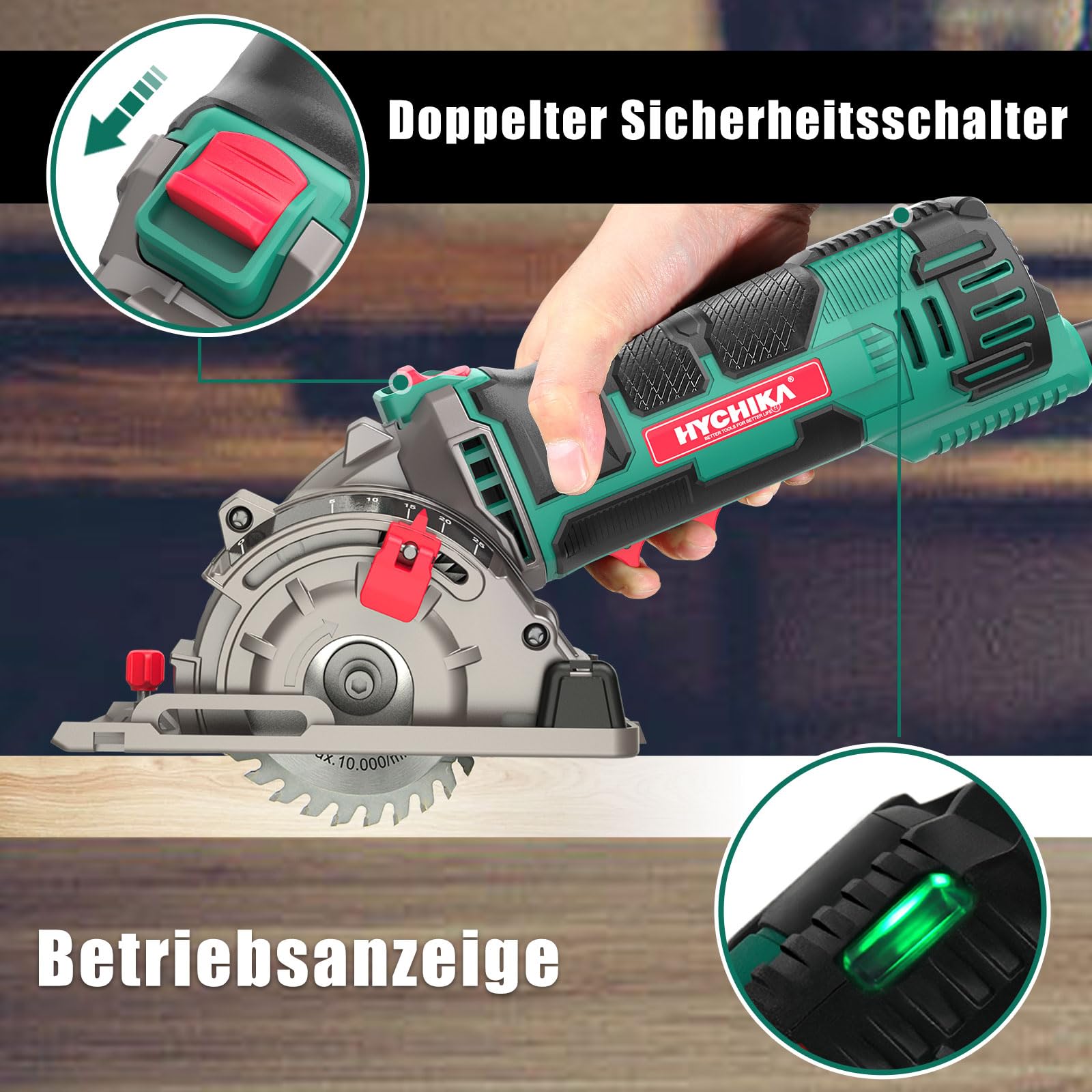 HYCHIKA Mini Kreissäge, Handkreissäge mit 3 Sägeblättern, Skalenlineal, 500W Motor aus reinem Kupfer, 4500RPM, Ideal für Holz-, Weichmetall-, Fliesen- und Kunststoffschnitte