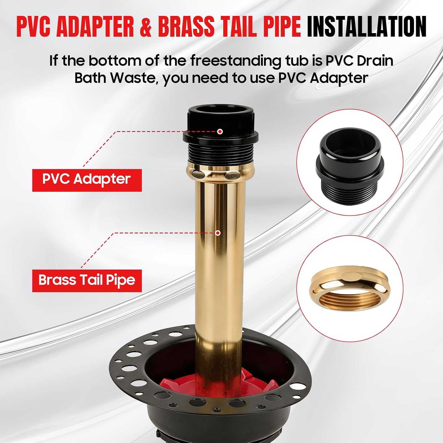Freestanding Tub Drain Kit with PVC Plastic Adapter and Brass Tail Pipes | Bathtub Drain Rough-in Kit Compatible for Freestanding Bathtubs, Floor Bathtubs, Island Bathtubs (PVC)