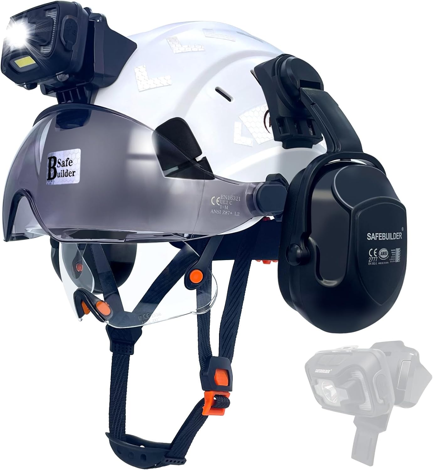 SAFEBUILDER Hard Hats with Visor and Build in Headlight Ear Muffs Lightweight Vented Safety Helmet Headlamp for Construction Industrial Outdoor Work ANSI Z89.1 Approved