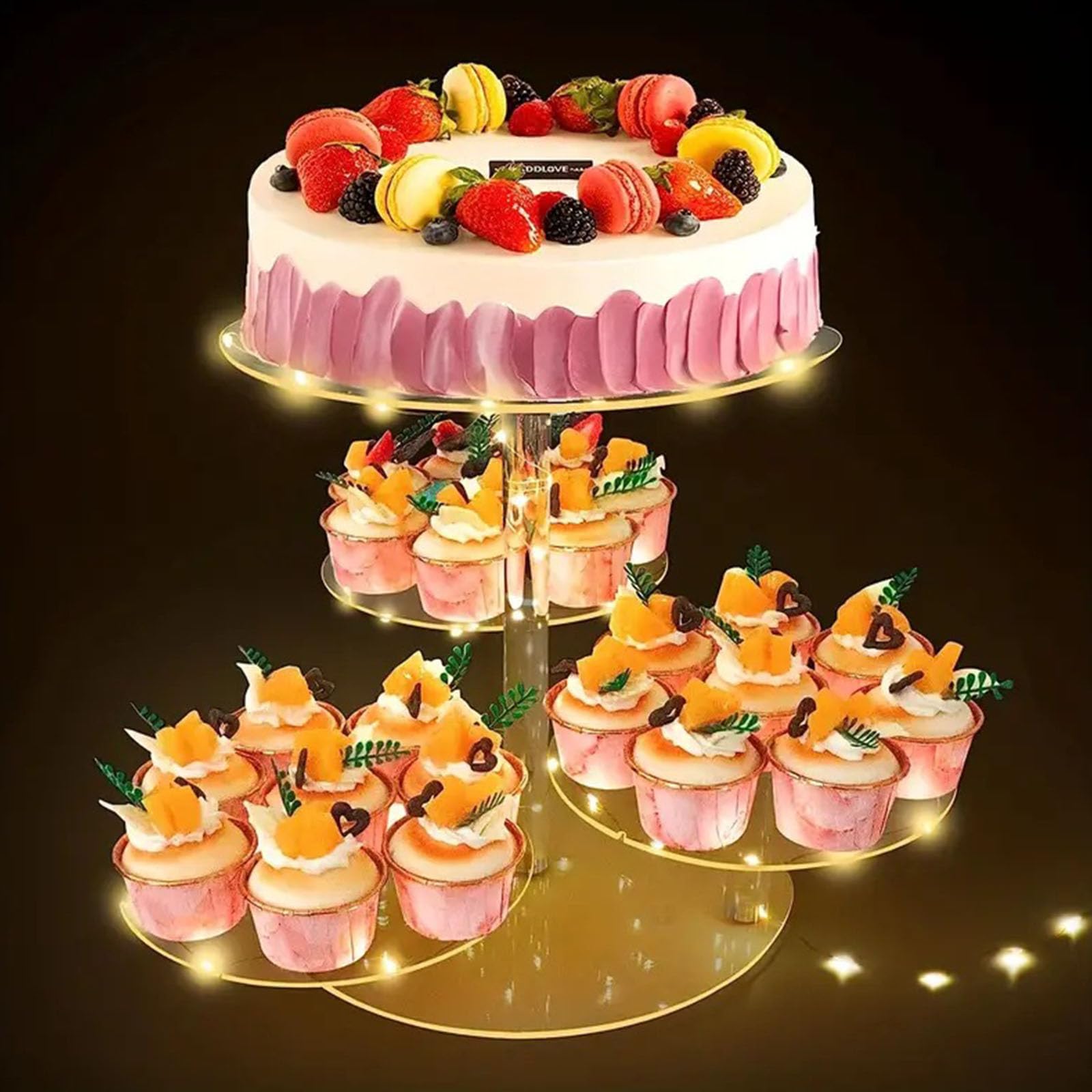 Soporte para cupcakes de 4 capas con iluminación LED, acrílico, para bodas, cumpleaños, baby shower, festivales, recepciones, fiestas graduadas, postres