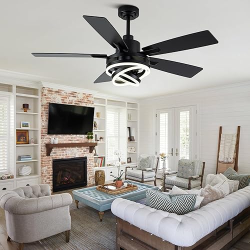 Miniatura 5 de Curve Curio Ventiladores de techo de 52 pulgadas con luces con control remoto, ventilador de techo moderno negro con luces, motor de CC, ventilador