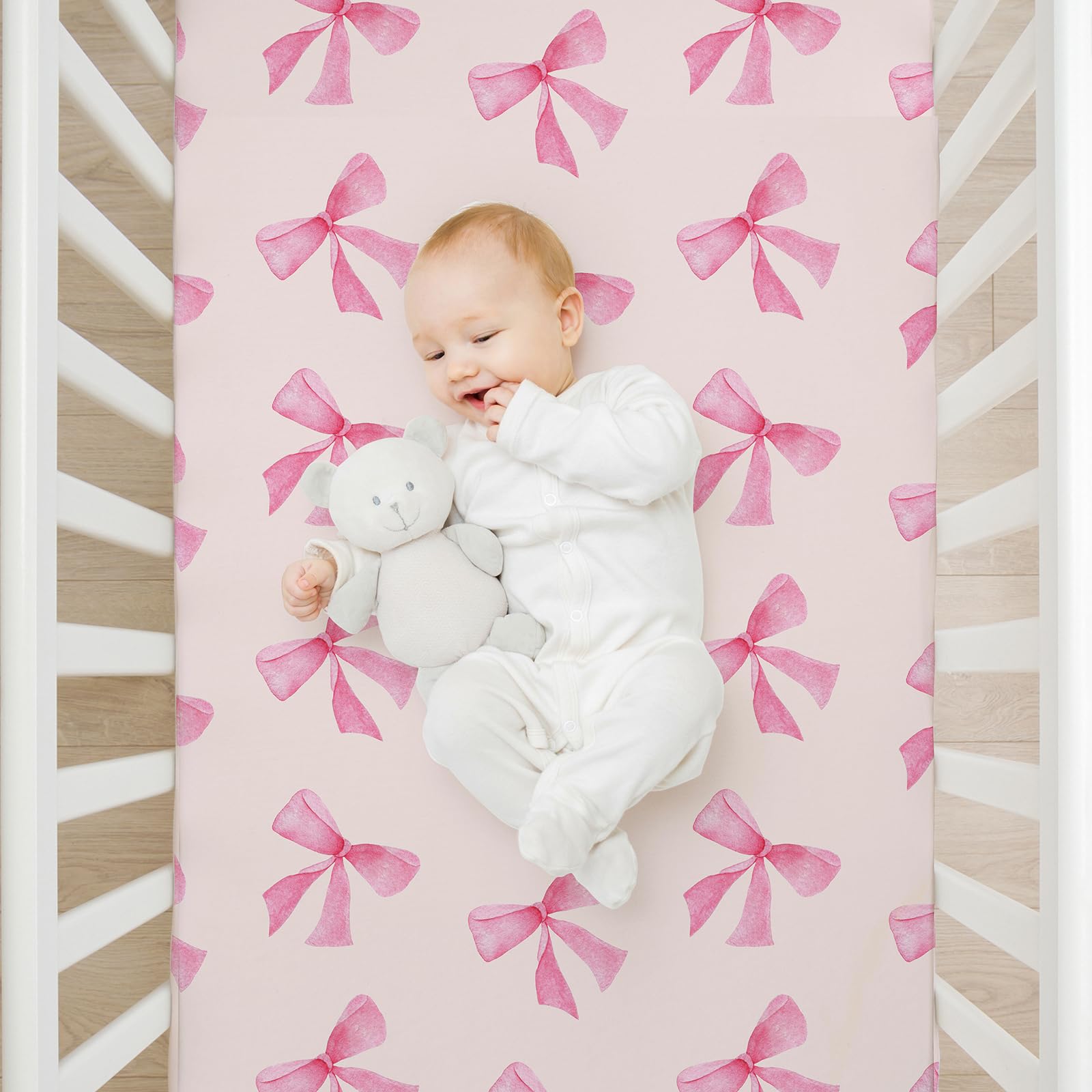 Juego de 4 sábanas para cuna con lazo rosa para bebé, sábana bajera ajustable suave y transpirable de 28 x 52 pulgadas, decoración de guardería para colchones estándar de cuna y cama infantil