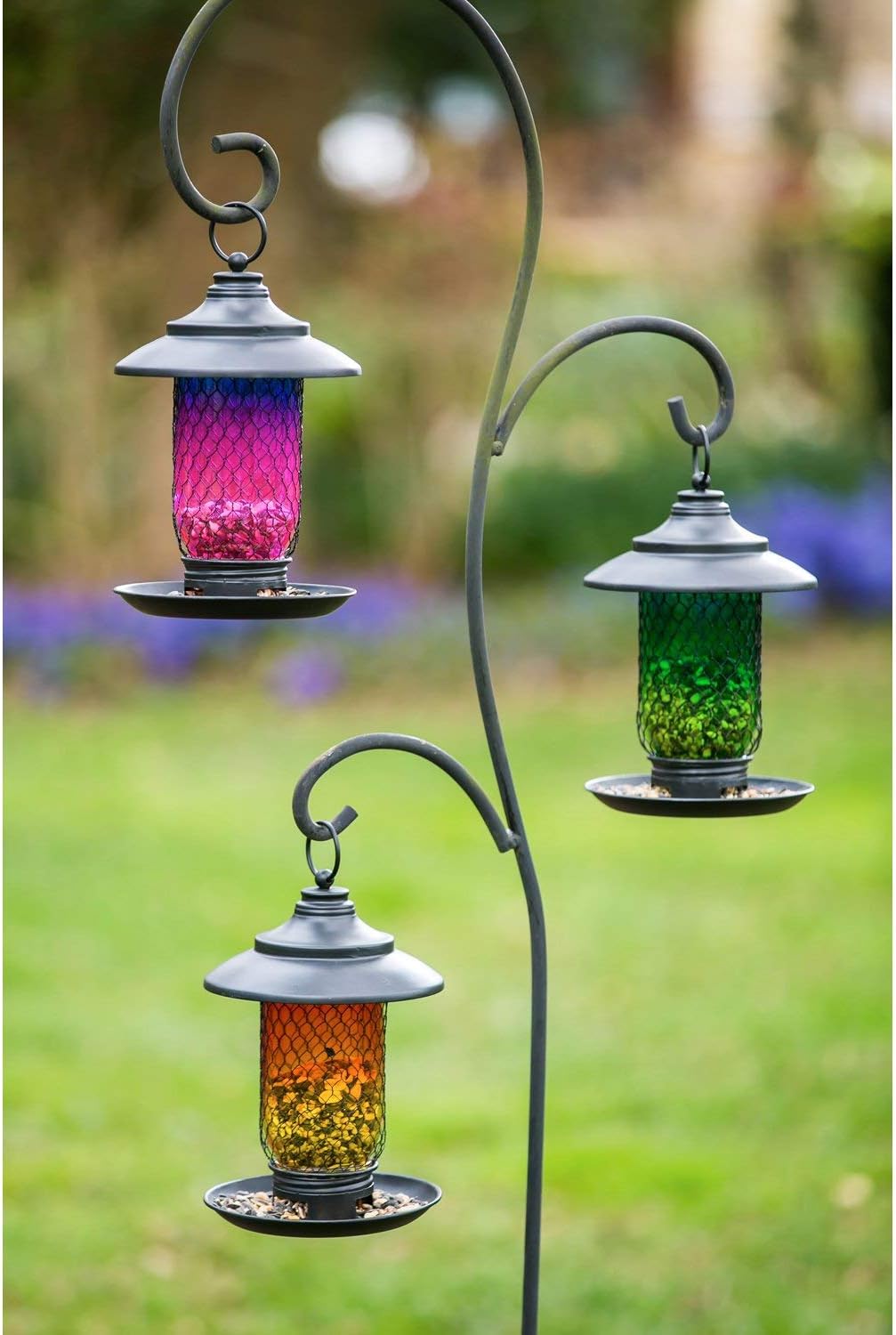 Evergreen Garden Pink, Orange, and Green Glass and Metal Bird Feeders, Set of 3