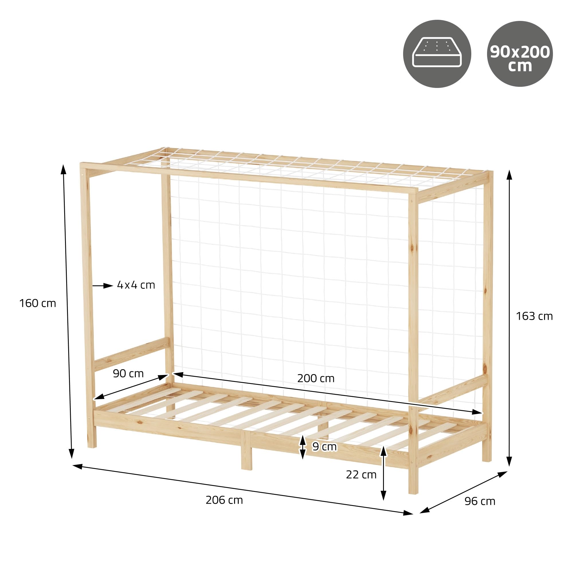 ML-Design Kinderbett Fußballtor 90 x 200 cm, Natur, Einzelbett für Kinder, Holzbett mit Lattenrost und Tornetz, Jugendbett aus Kiefernholz, Bettgestell Holzrahmen Spielbett Fußballbett-Tor Handballtor
