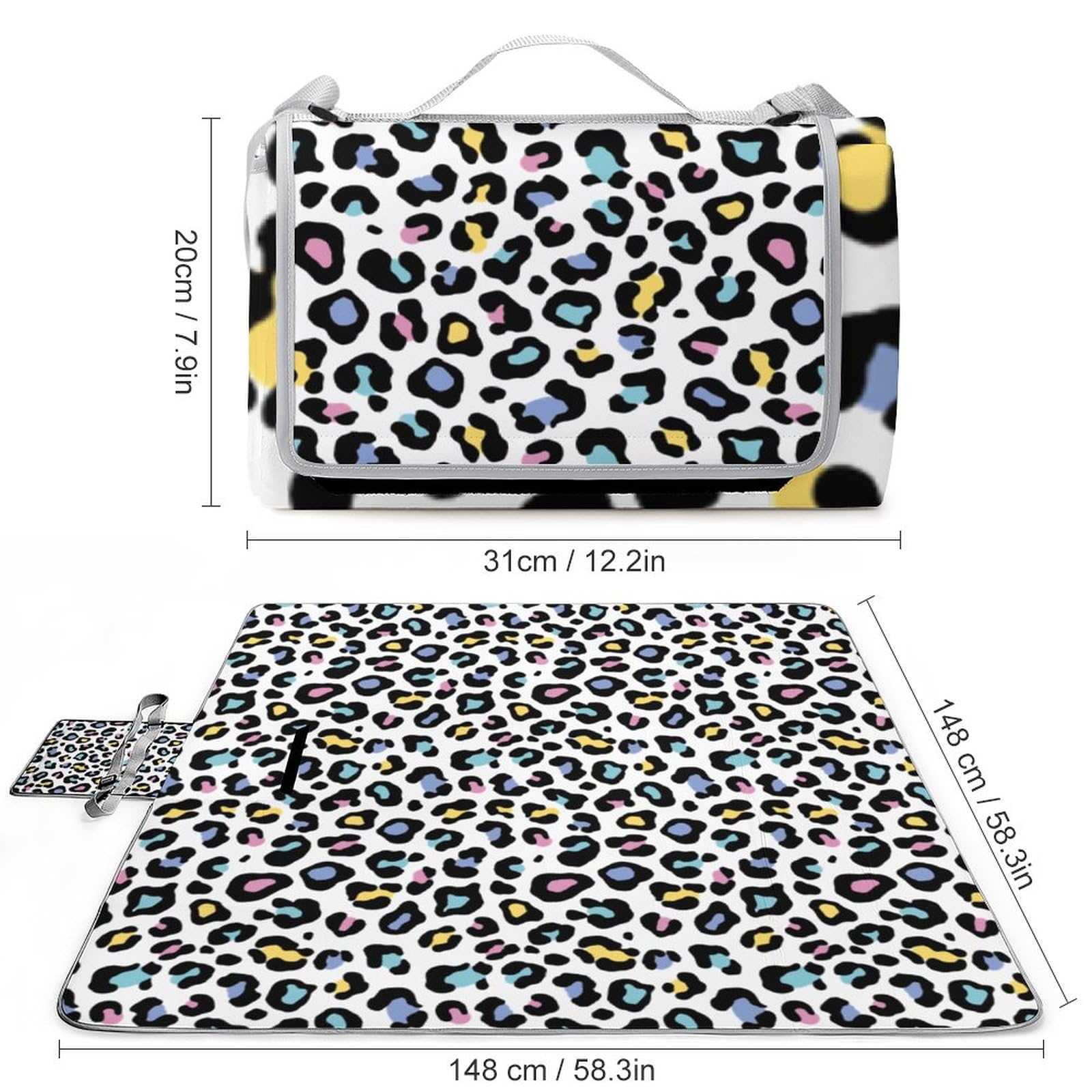 Animal-Print Pattern Picnic Blanket Waterproof Foldable, Large Outdoor Picnic Blanket Beach Blankets Camping Blanket Travel Mat, Shoulder Strap Tote, Rectangle 58x58in