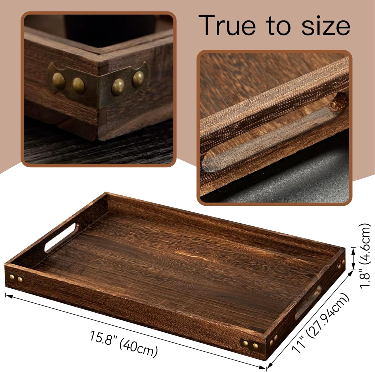 Bandeja de servir de madera rústica de 18.1 pulgadas con asas, bandeja de desayuno, bandeja de madera decorativa para comer, trabajar, almacenar, utilizada en dormitorio, cocina, sala de estar, baño y