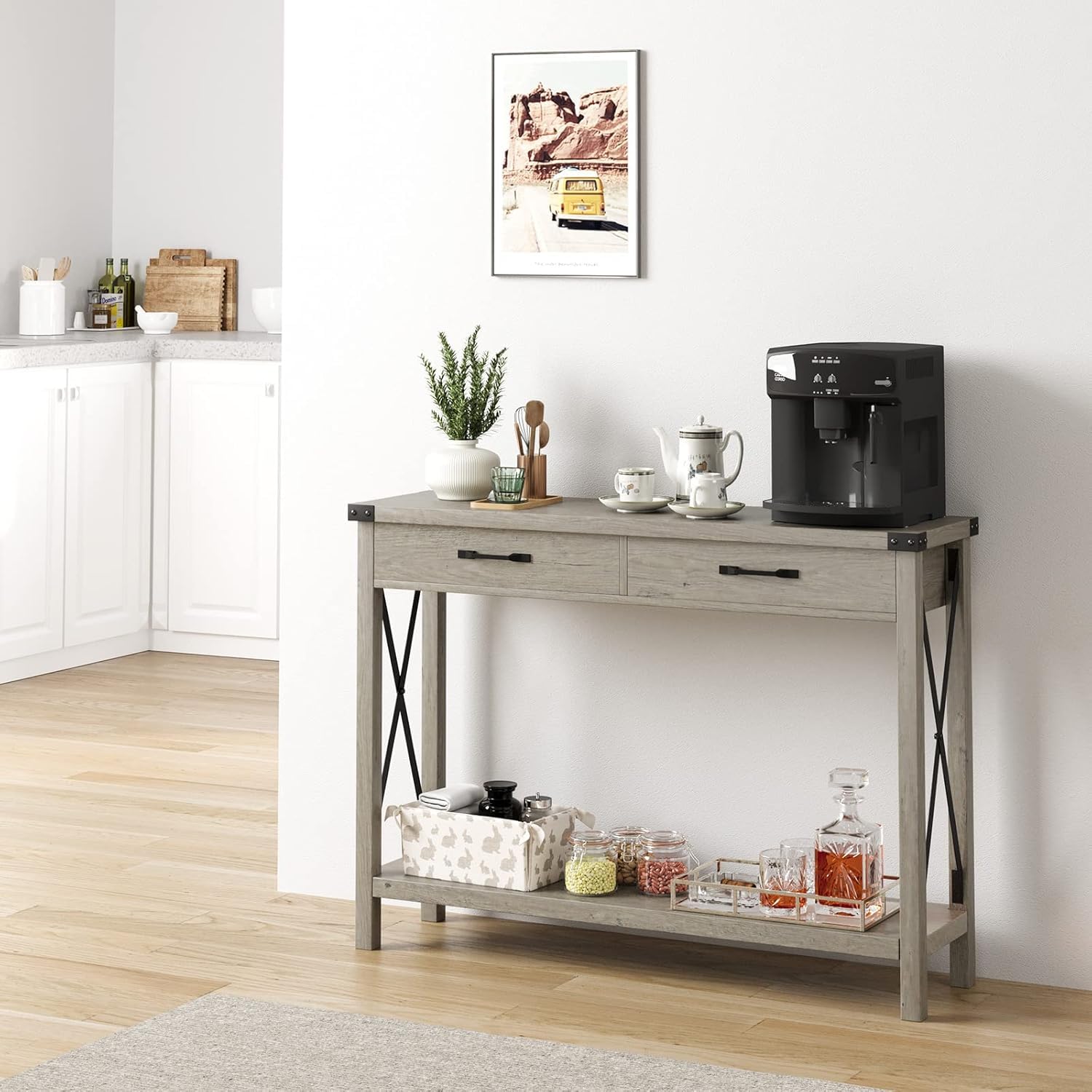 Mesa Consola Recibidor, Mueble de Entrada Estrecha con 2 Cajones,4 Cantoneras de Metal, Diseño único en Forma de X,109 x 30.5X 76 cm, Consola para la Entrada, el Salón, el Pasillo (Gris)