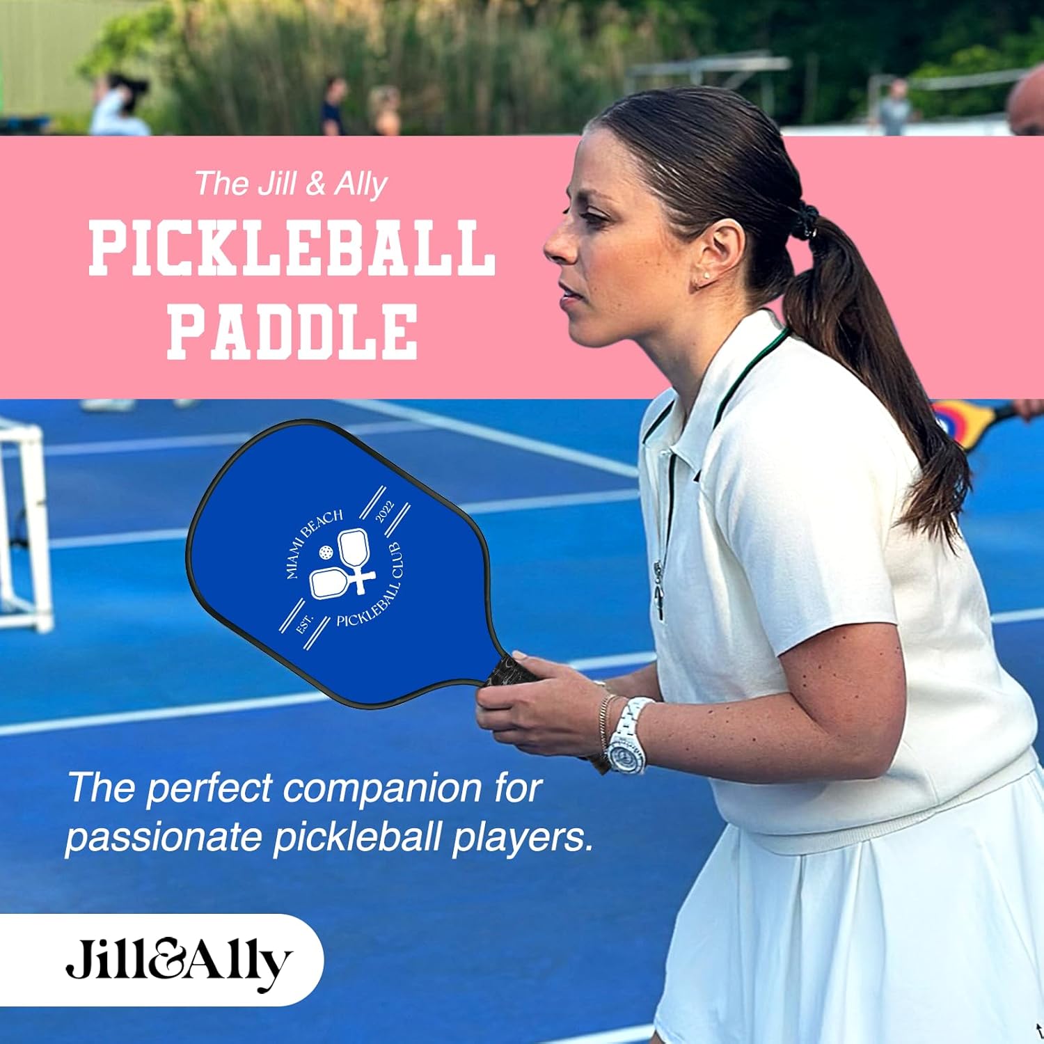Jill & Ally Miami Beach Blue Pickleball Paddle, Carbon Fiber Materials, 16.5” x 7.5", Extra Long Handle, Vegan Leather PU Grip, Unique Edge Guard All Skills