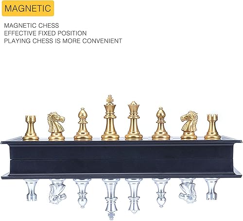 Miniatura 6 de AMEROUS Juego de ajedrez de viaje Magetic de 10 pulgadas, juego de ajedrez plegable portátil de plástico con piezas de ajedrez doradas y plateadas,