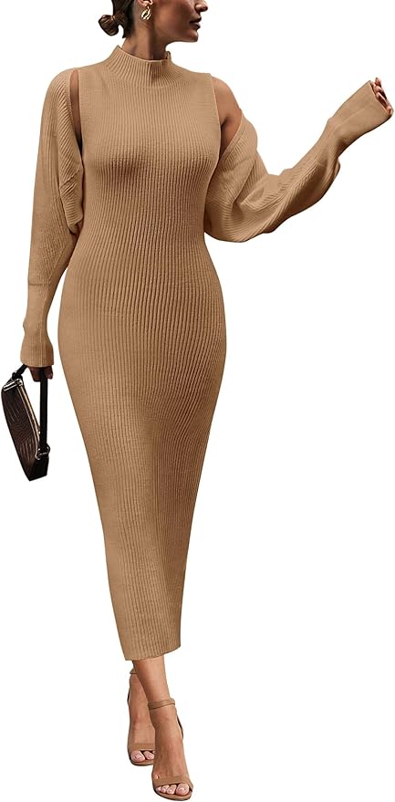 PRETTYGARDEN Women's Fall 2 Piece Outfits Knit Long Sleeve Cropped Cardigan Pullover Sweater Maxi Dress Sets Winter Clothing
