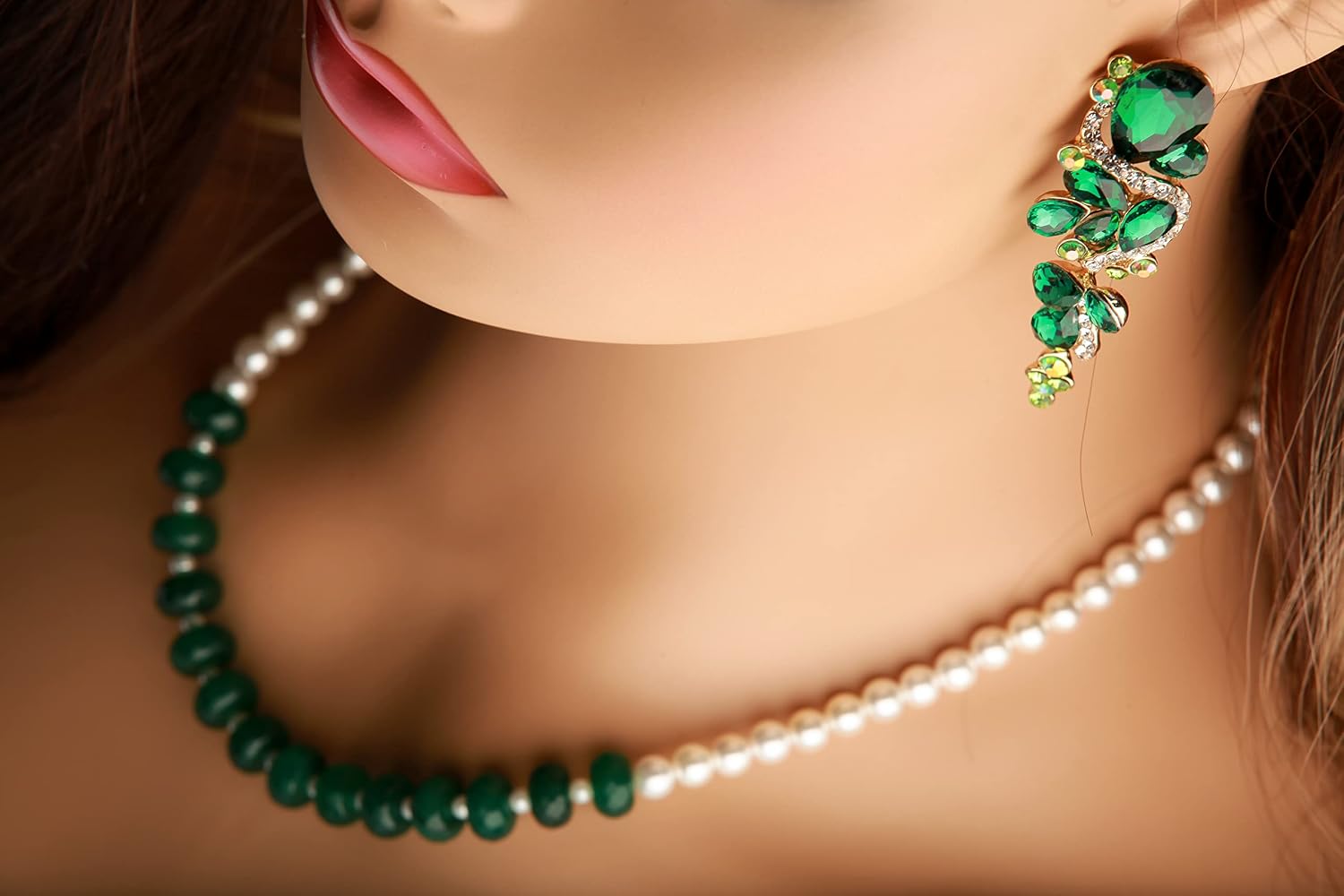 Green Onyx Roundel,2mm Freshwater Pearl Spacers, Oyster Shell Pearl Adjustable Necklace, Emerald Crystal CZ Dangling Earrings Jewelry Set
