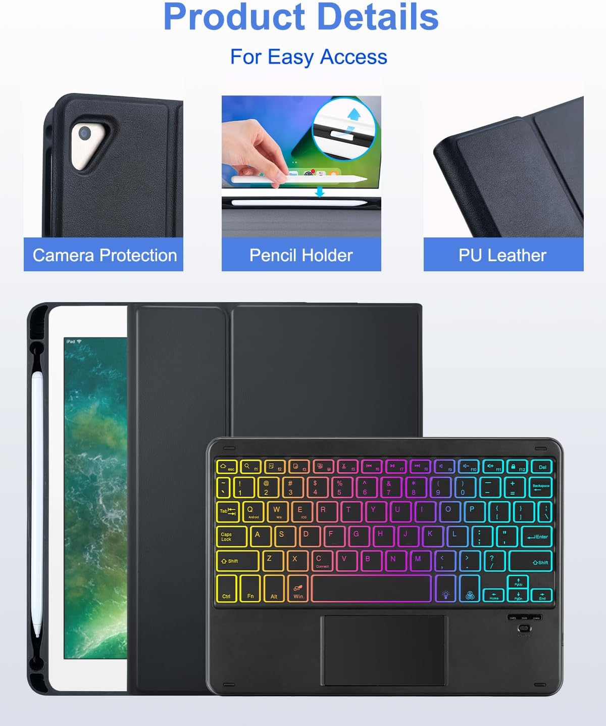 Touchpad Keyboard Case for iPad 6th 2018/5th Generation 2017 9.7 inch, 7-Color Backlight Type-C Charging Keyboard with Pencil Holder Cover Fit iPad Air 2/Pro 9.7 (Black)