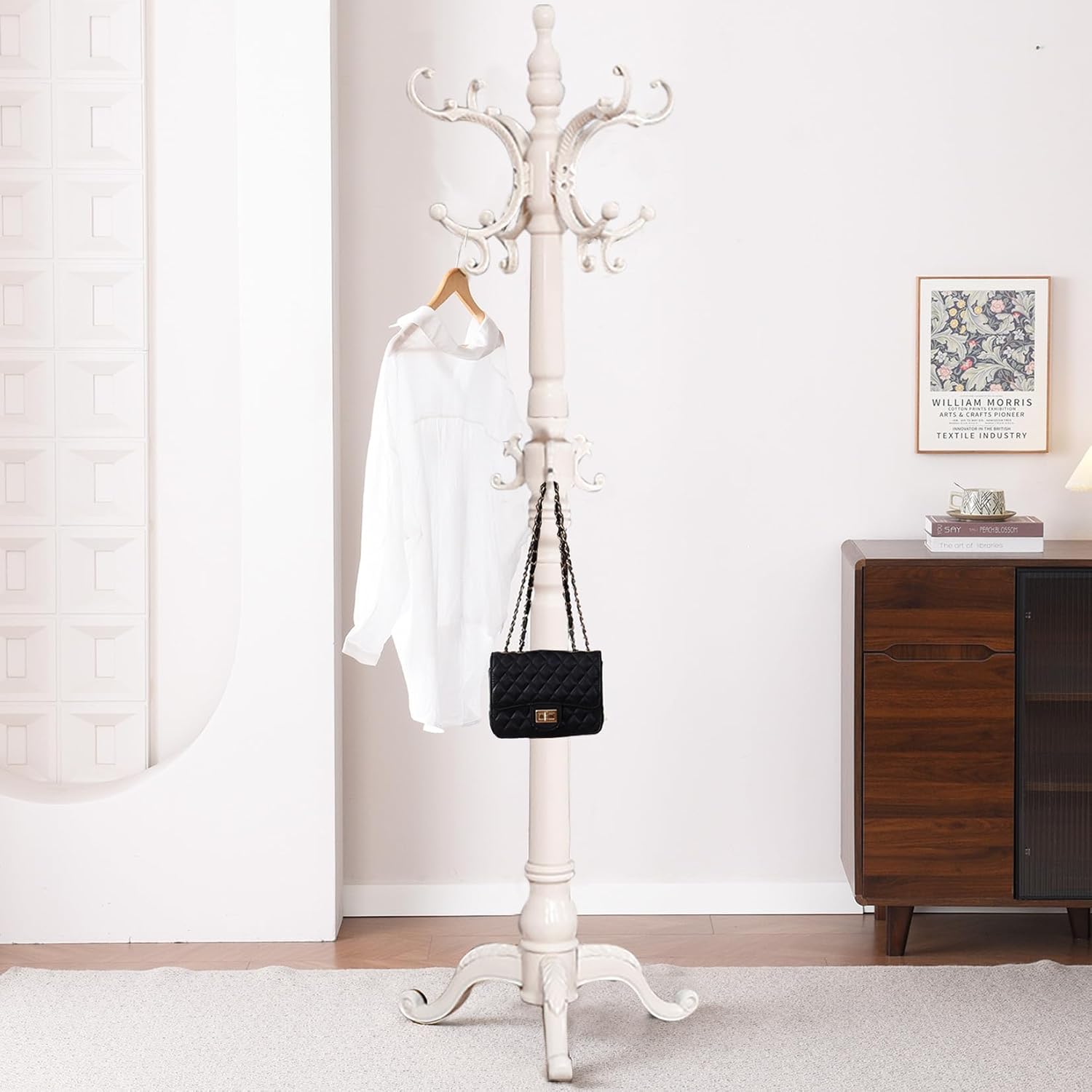 ( color brown)Wooden Coat Racks, Retro 78\" Coat Tree with 12 Hooks & Stable Triangular Base, Entryway Coat Rack Freestanding for Hat, Clothes, Scarves, Handbags, Umbrella (Ivory)