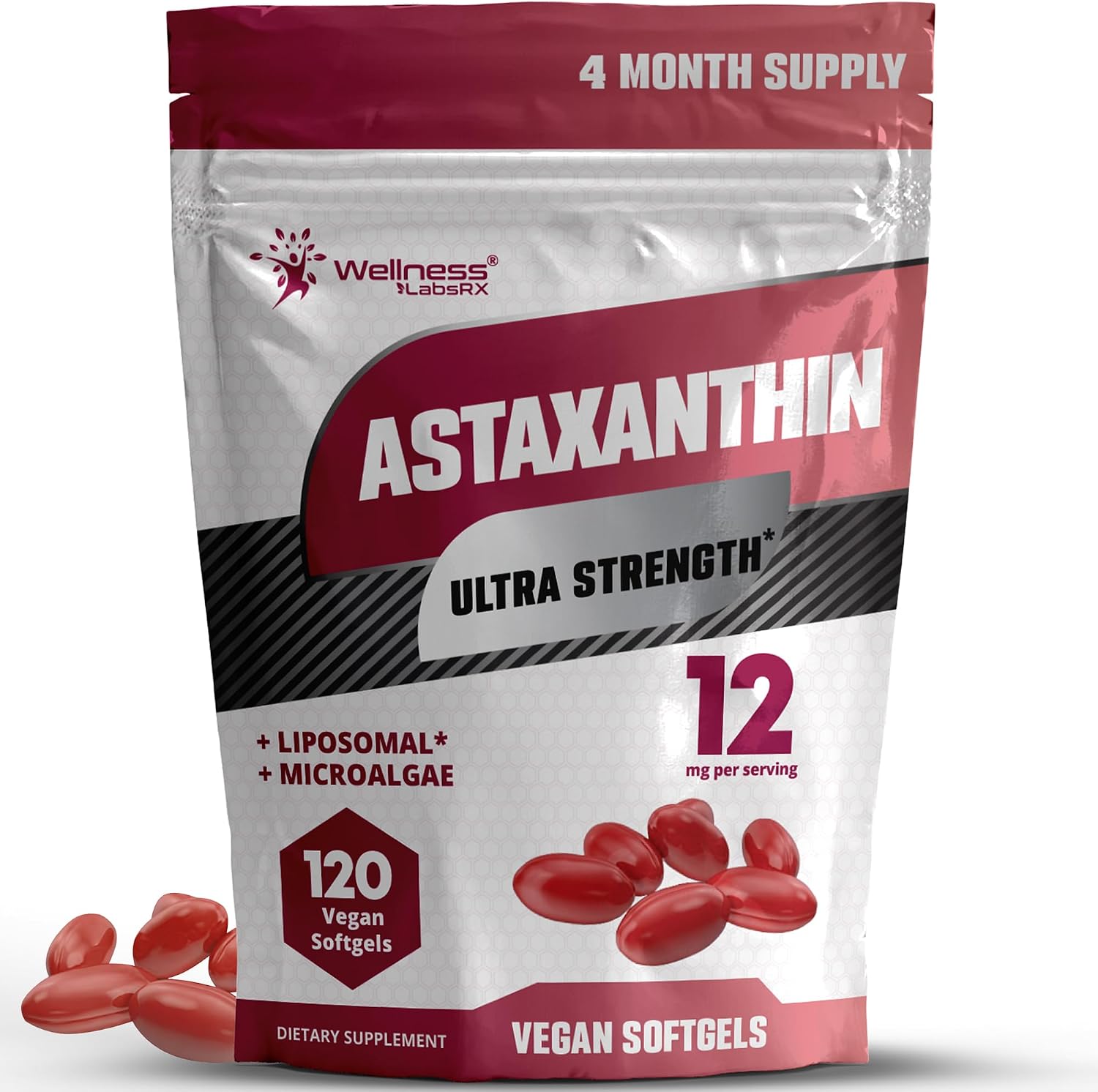 WellnessLabsRX Liposomal Astaxanthin 12mg | 120 Vegan Softgels | 4-Month Supply | Potent Antioxidant for Skin, Eyes, and Immune Health
