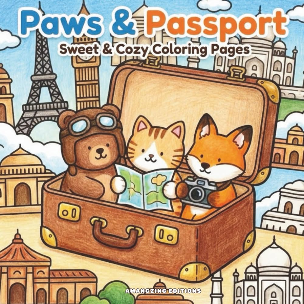 Travel Paws: Cute & Cozy Travel Animal Coloring Book: A Whimsical Journey with Furry Friends | Bold & Easy Relaxing Coloring Pages for Kids, Teens, and Adults featuring Paris, Safari, Beach, and More