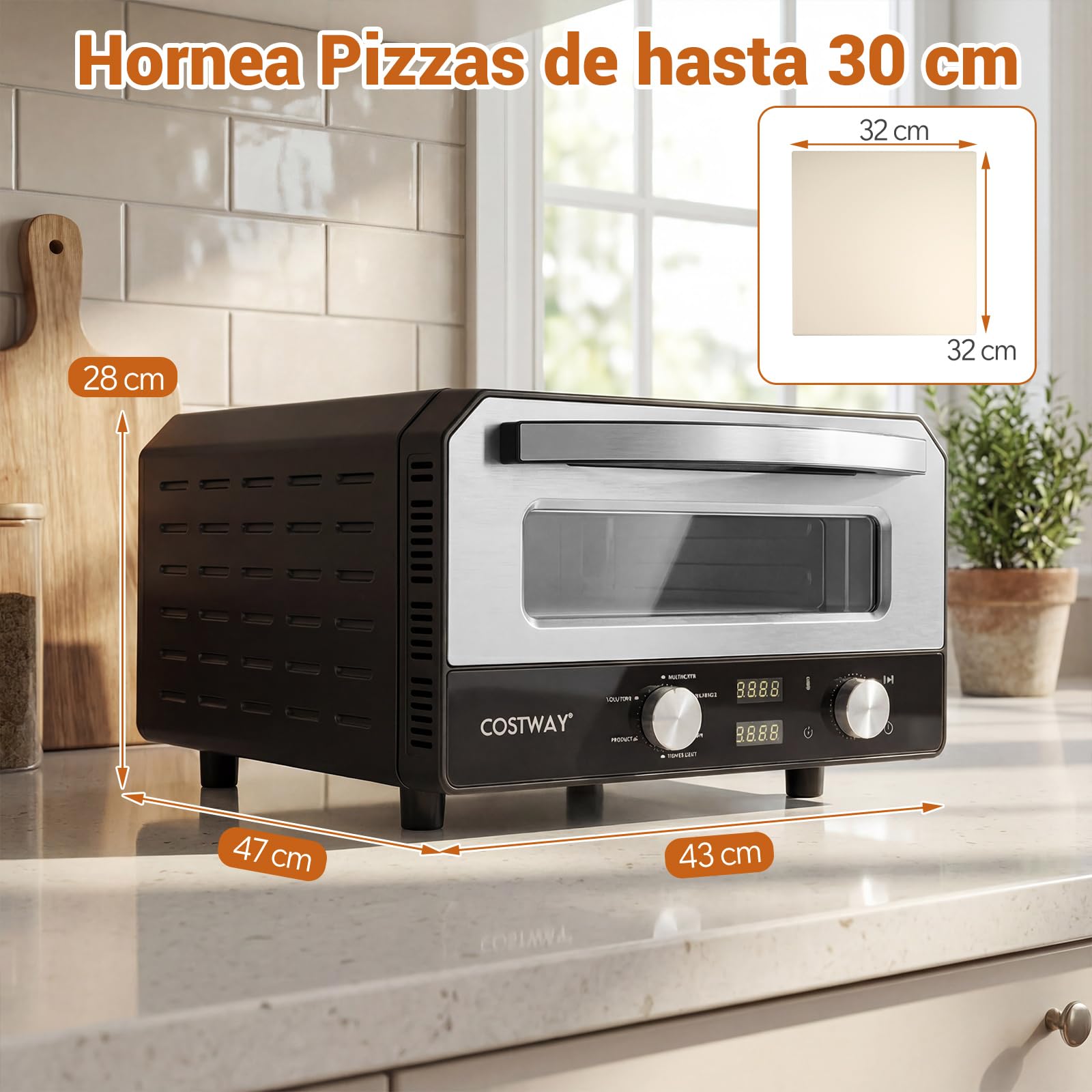COSTWAY Horno Pizza Electrico, 11,5L, 1700W, 400℃, Pizzera Electrica con 6 Modos Preestablecidos, Piedra y Cortador de Rueda, Pizza Oven Interior Exterior