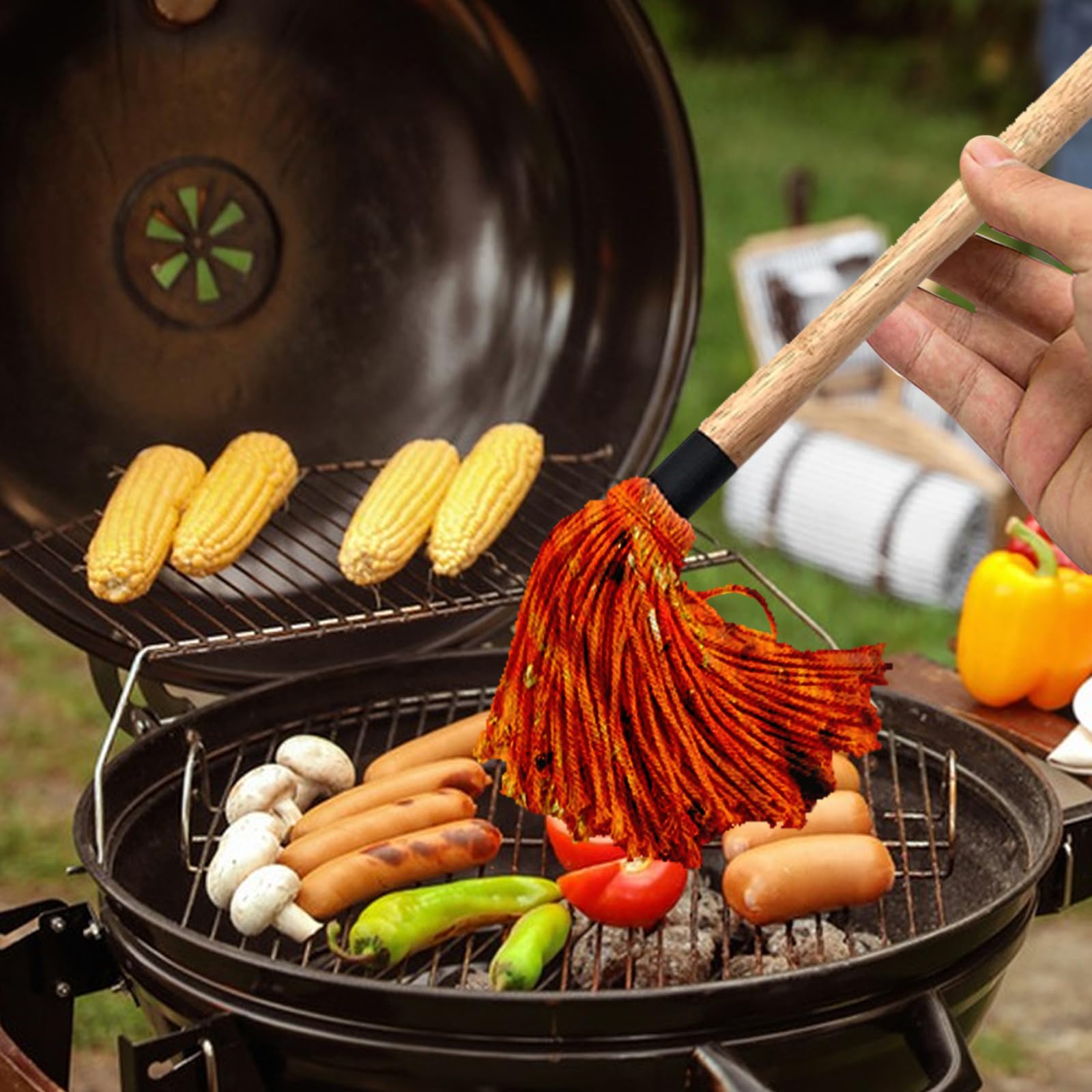 GEEKHOM Mocio per barbecue con manico in legno lungo 45,7 cm, con testine di ricambio, spazzola per salsa e barbecue, per arrostire bistecche, cottura