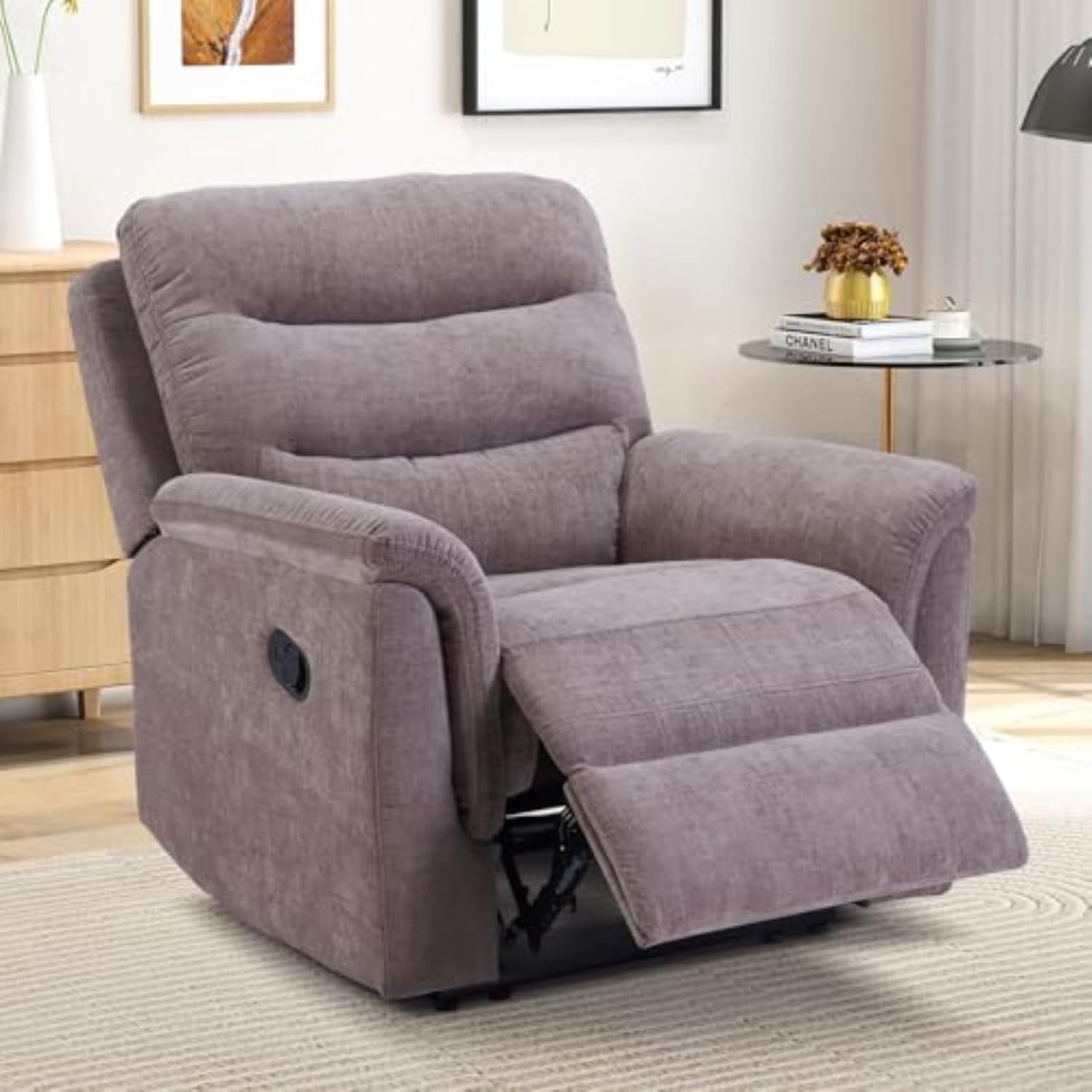 Classic Manual Rocking Glider Massage Recliner with Adjustable Backrest Foootrest for Big and Tall, Overstuffed Breathable Single Lounge Chair with Side Pockets, Cup Holders