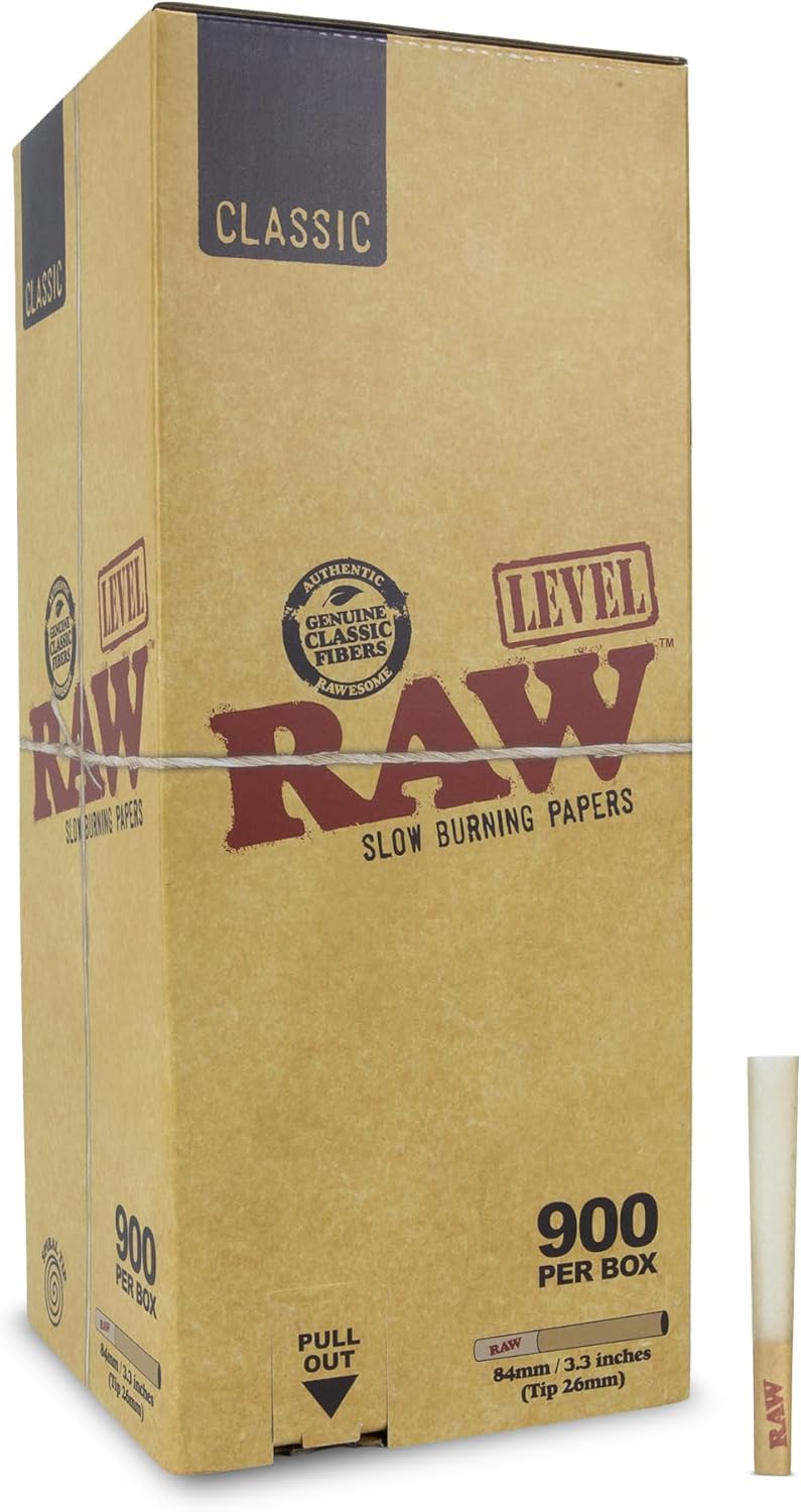 RAW Classic Level Pre-Rolled Cones – 900 Count Thumper Box, 84mm Size with 26mm Tip, Easy-Fill Paper Cones
