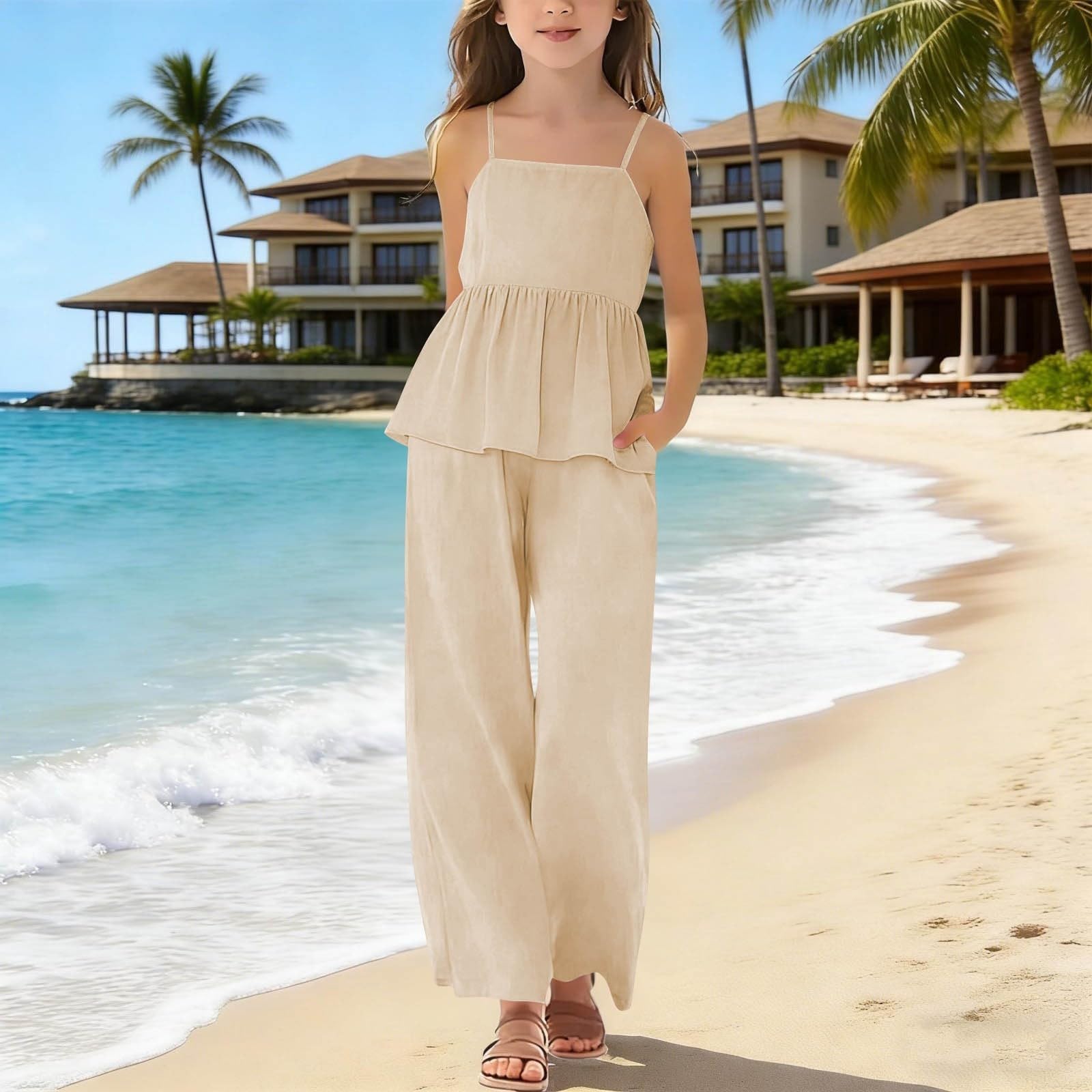 Ensemble été Enfant Fille Chemise Debardeur Et Pantalon Ample Chic Vêtements Ado Fille a la Mode Collège École Léger Mignon Casual Plage Vacances 4-14 ans