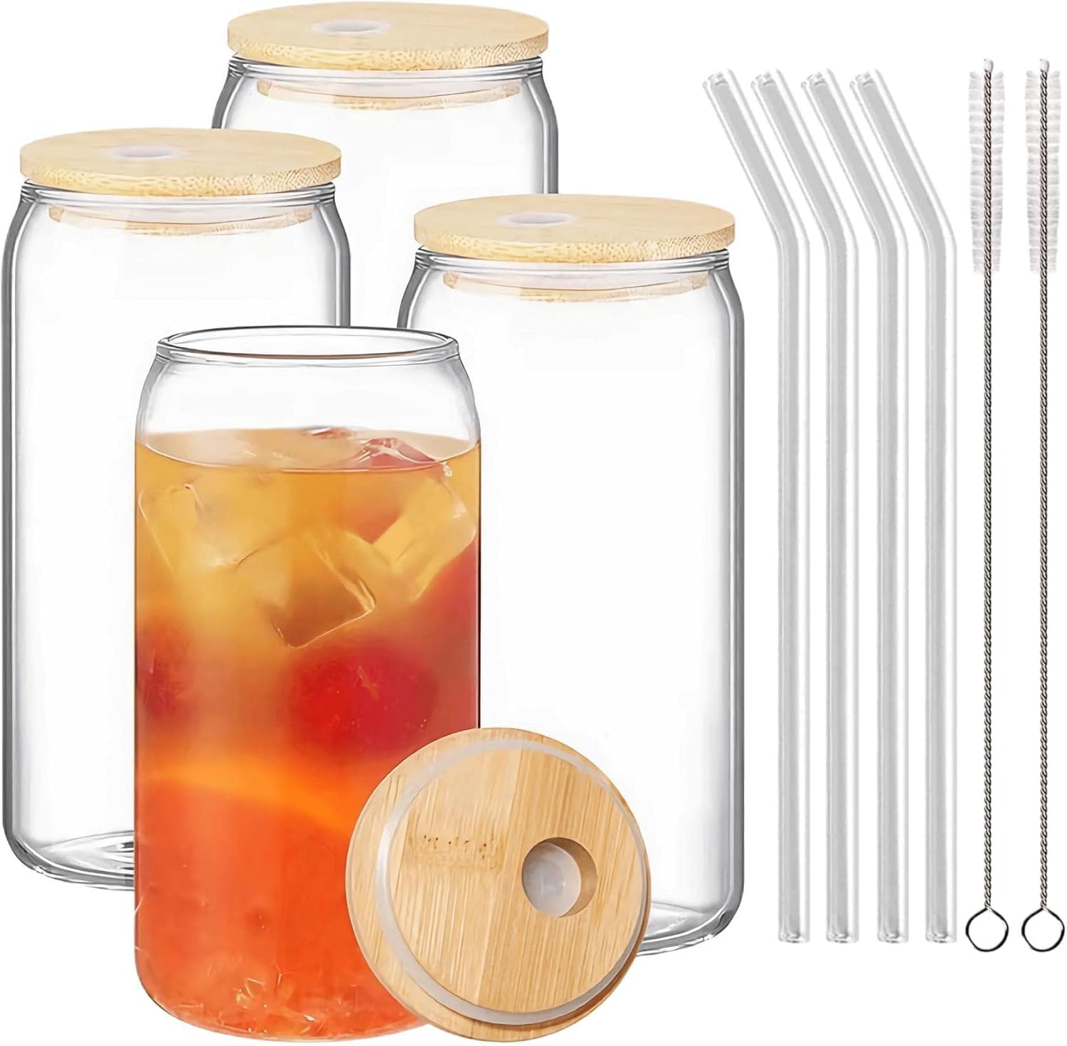 480ml Transparent Can Glass Cups with Wooden Lid and Glass Straw, Reusable Can Shaped Drinking