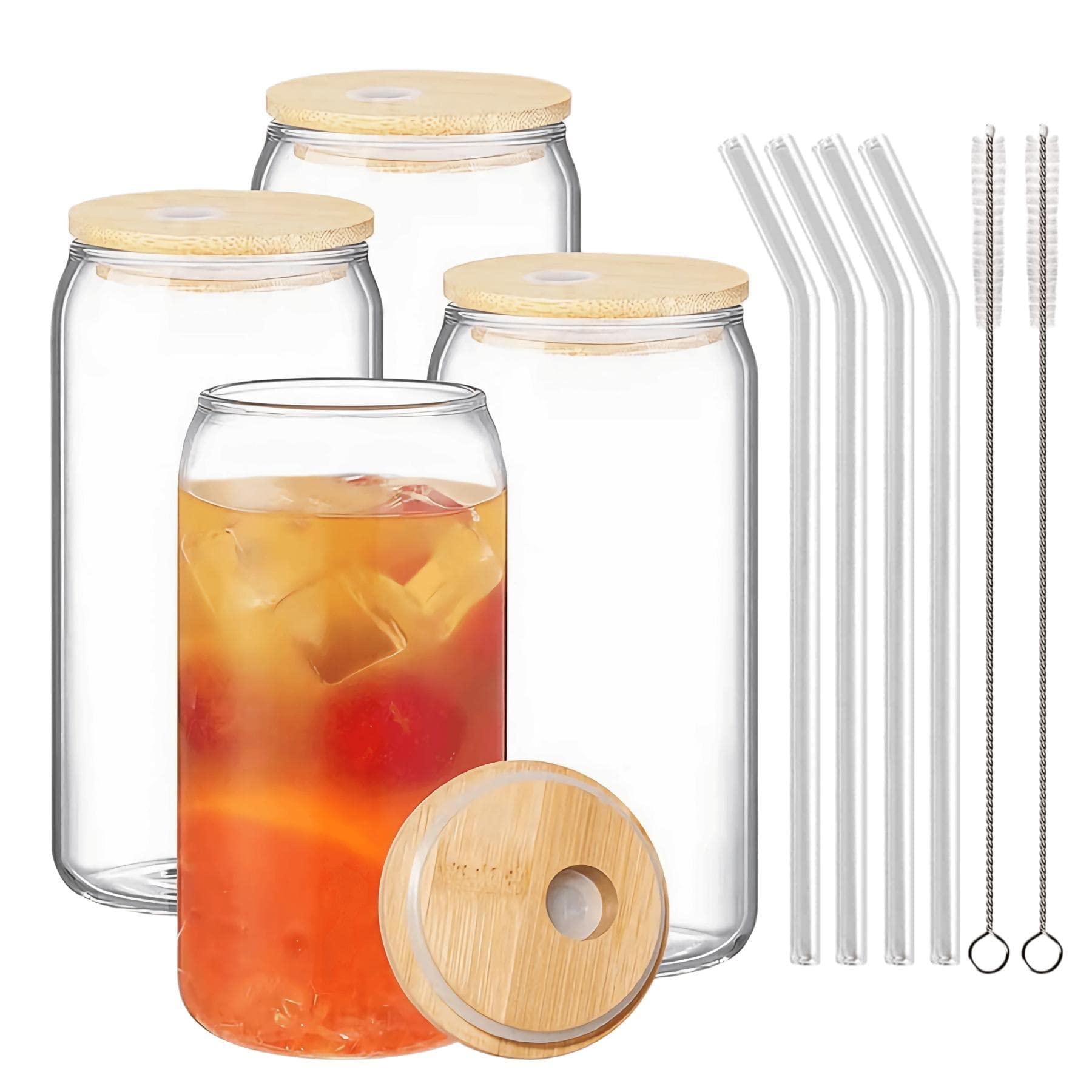 480ml Transparent Can Glass Cups with Wooden Lid and Glass Straw, Reusable Can Shaped Drinking Glasses for Cold Drink Juice Coffee Cocktail Whiskey (4pcs)