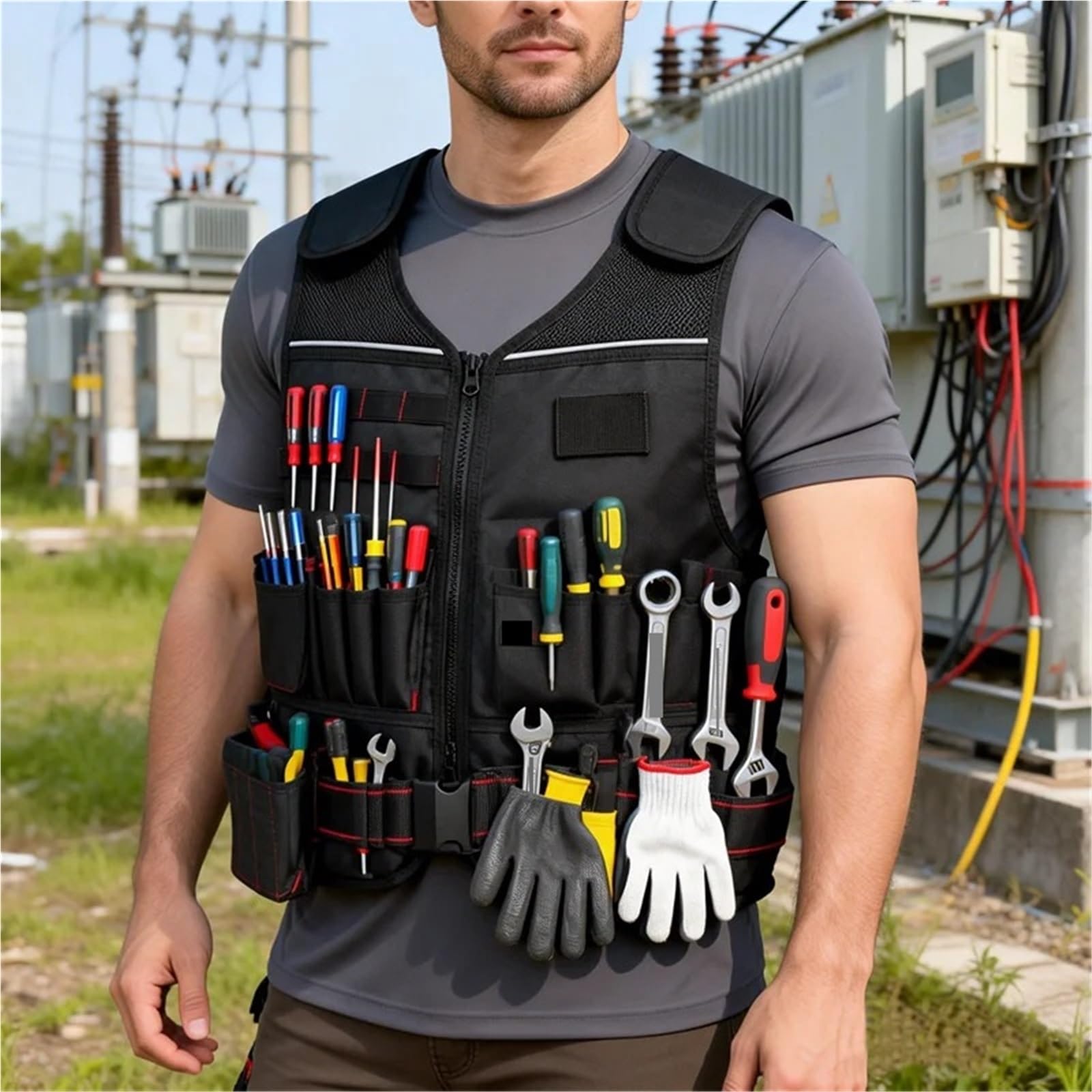 Chaleco de Herramientas Workwear Tool Vest Safety Work With Multi-pockets Toolkit Pouch Heavy Construction For Electrician Carpenter