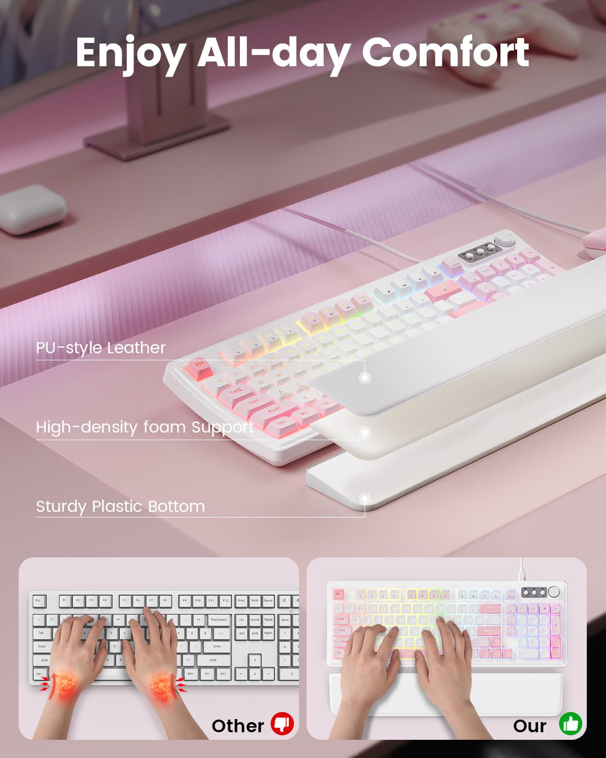 SABLUTE Tastiera e mouse da gioco con cavo, tastiera e mouse meccanici retroilluminati RGB, manopola multimediale e poggiapolsi ergonomico anti-ghosting in pelle premium per gioco (rosa)