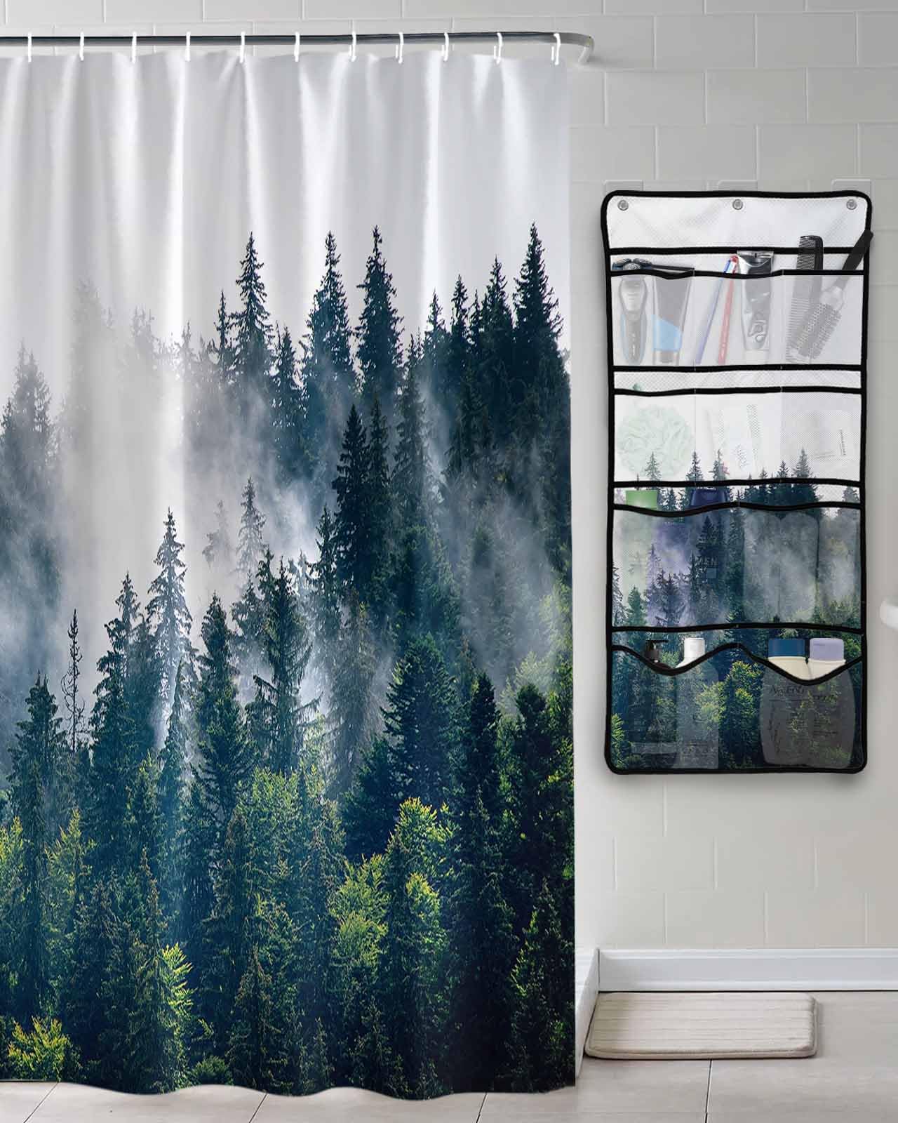 Shower Curtain Mesh Shower Organizer Hanging Set Summer Photography Black and Green Forest Waterproof Shower Curtains with 10