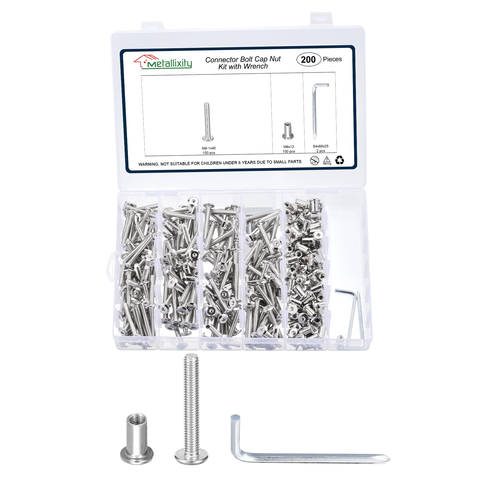 METALLIXITY Furniture Connector Bolt Cap Nut Kit with Wrench(M6-1x40mm) 200Pcs