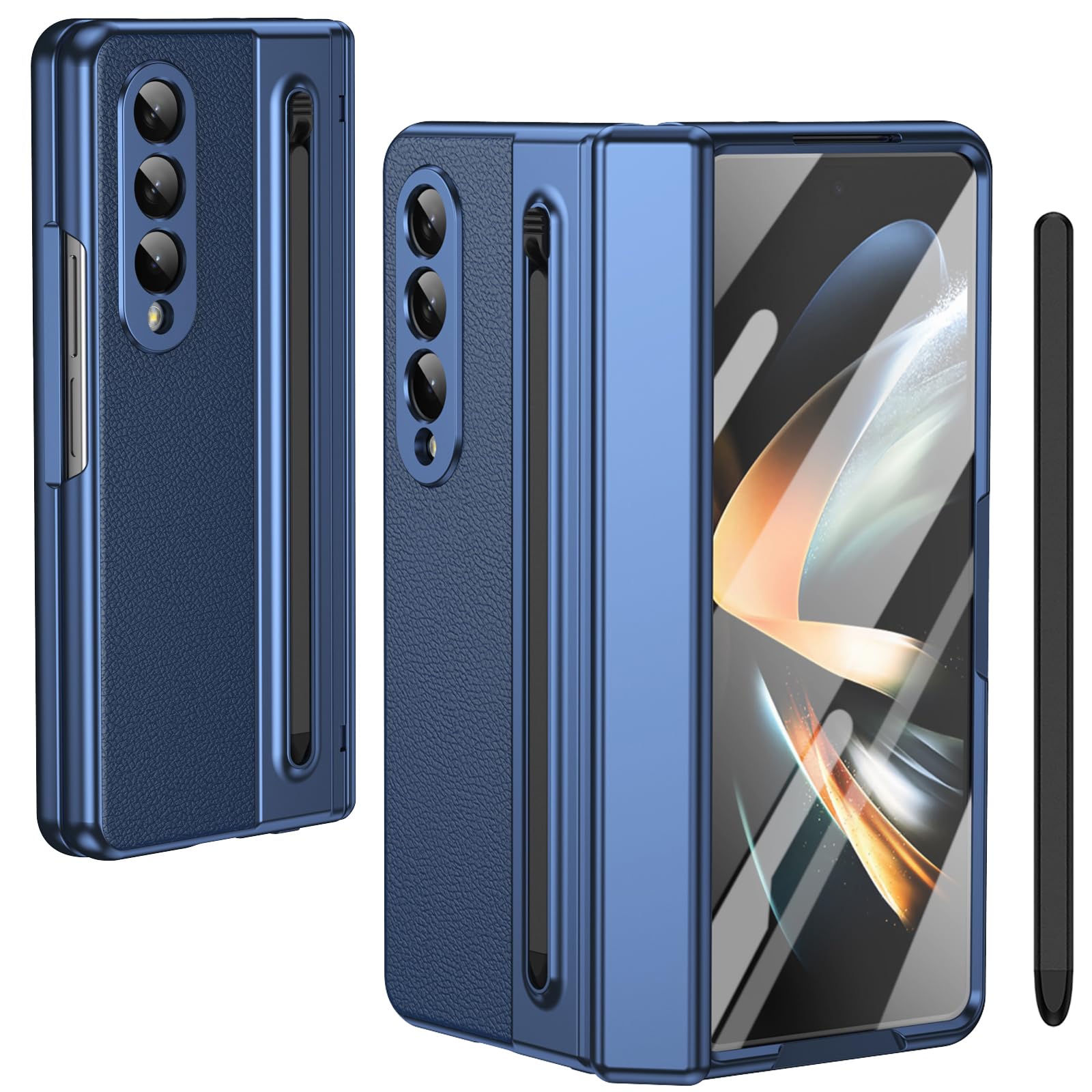 per Galaxy Z Fold4 Custodia con Penna e Slot per Penna, Pellicola Protettiva in Vetro Temperato + Protezione Cerniera Cover in Pelle per Samsung Galaxy Z Fold4-Blu