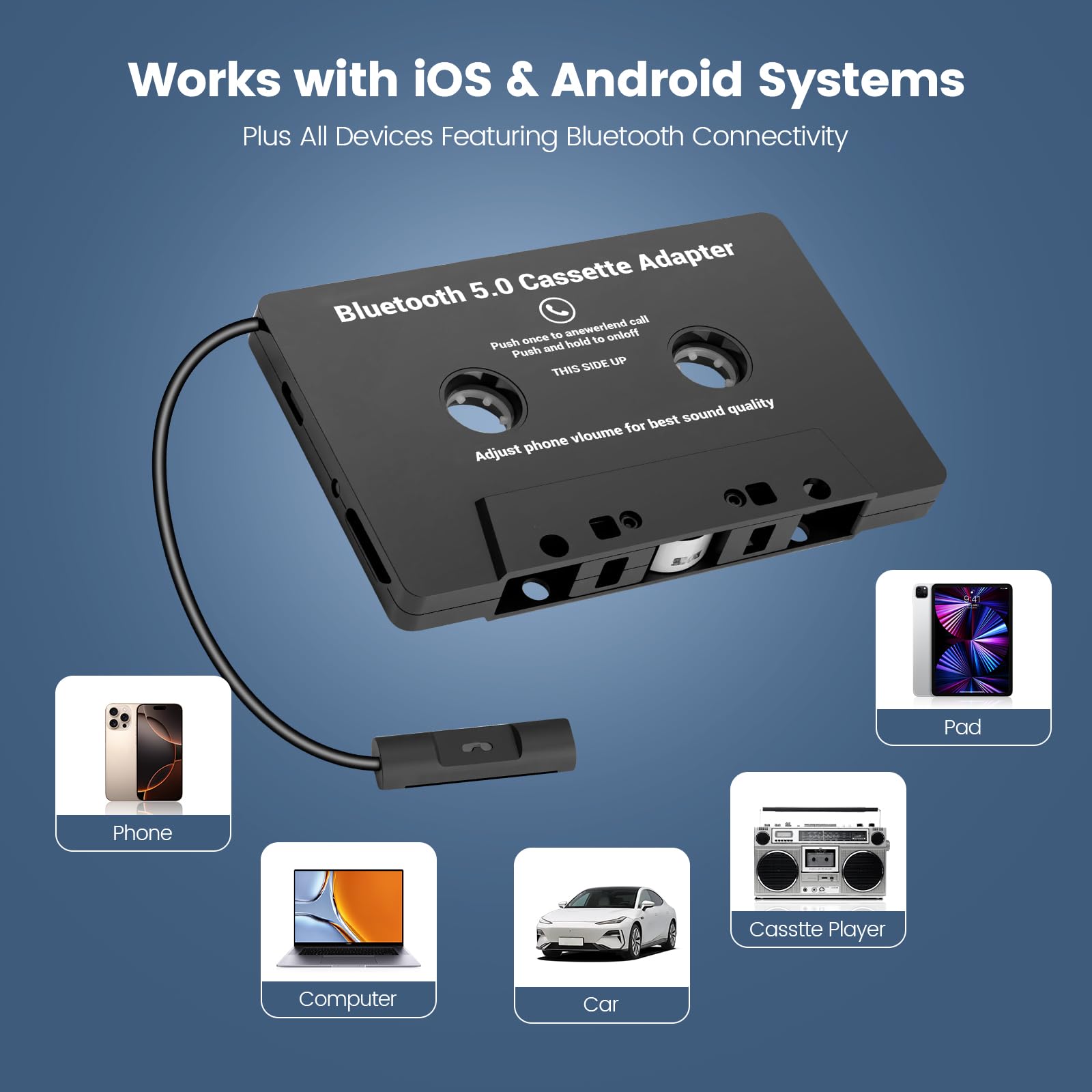Jaxiyun Adaptateur de Cassette Voiture Bluetooth 5.0, Adaptateur pour Cassette vers AUX avec Microphone Intégré pour des Appels en Mains Libres sans Fil Universel,pour DVD Radio - 3