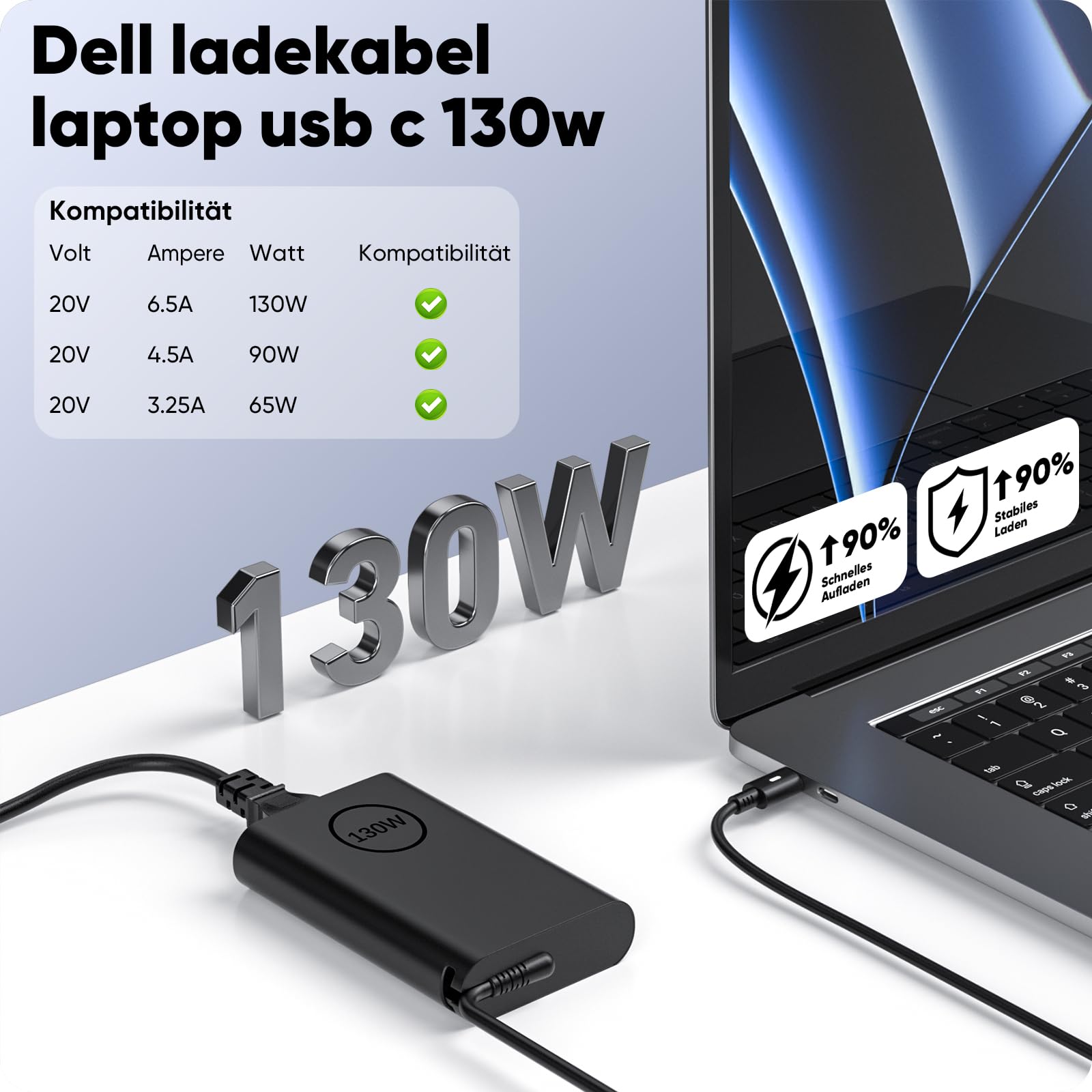 130W USB C Netzteil Laptop Ladekabel für Dell XPS 15 2in1 9575 9500 9510 9520 9530 XPS 17 9700 9710 9720 9730 Precision 5530 5550 5560 5570 5750 5760 5770 3560 3550 3551 Latitude 7410 9410 5420 5520
