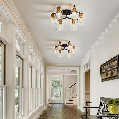 Miniatura 4 de Lámpara de techo de montaje semi empotrado negra y dorada, accesorios de iluminación de cocina vintage de 6 luces, lámparas de techo grandes con