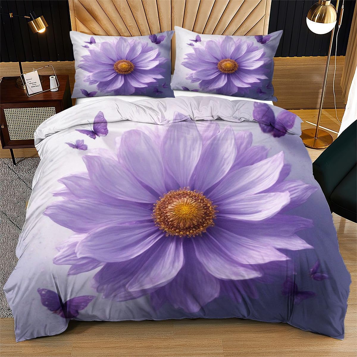 Funda de edredón de loto morado transpirable y sin arrugas para cama doble
