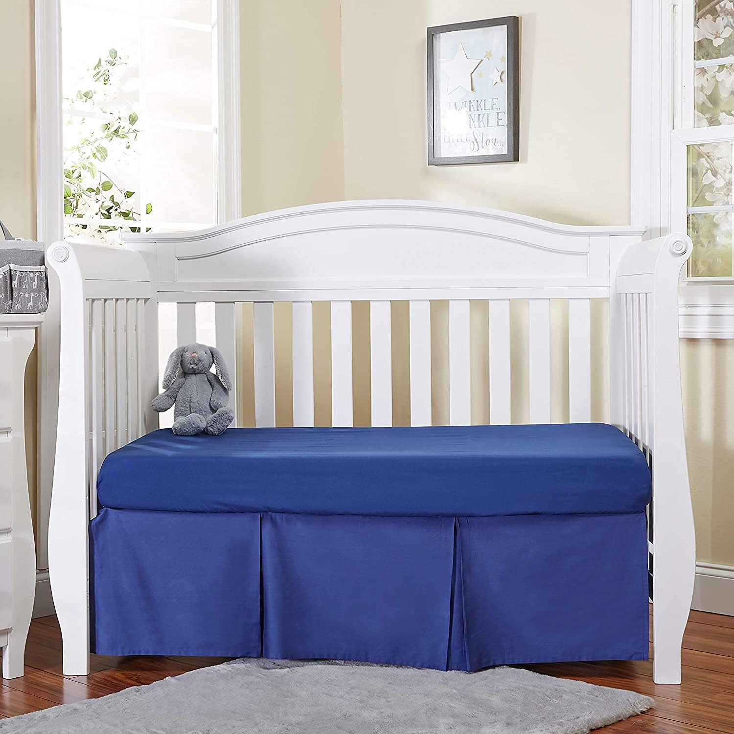 Navy Blue Pleated Crib Skirt; 100% Natural Cotton Nursery Crib Bedding Skirt for Baby Boys and Girls, Crib Dust Ruffle with Split Corners for Easy On and Off, 14'' Inch Drop