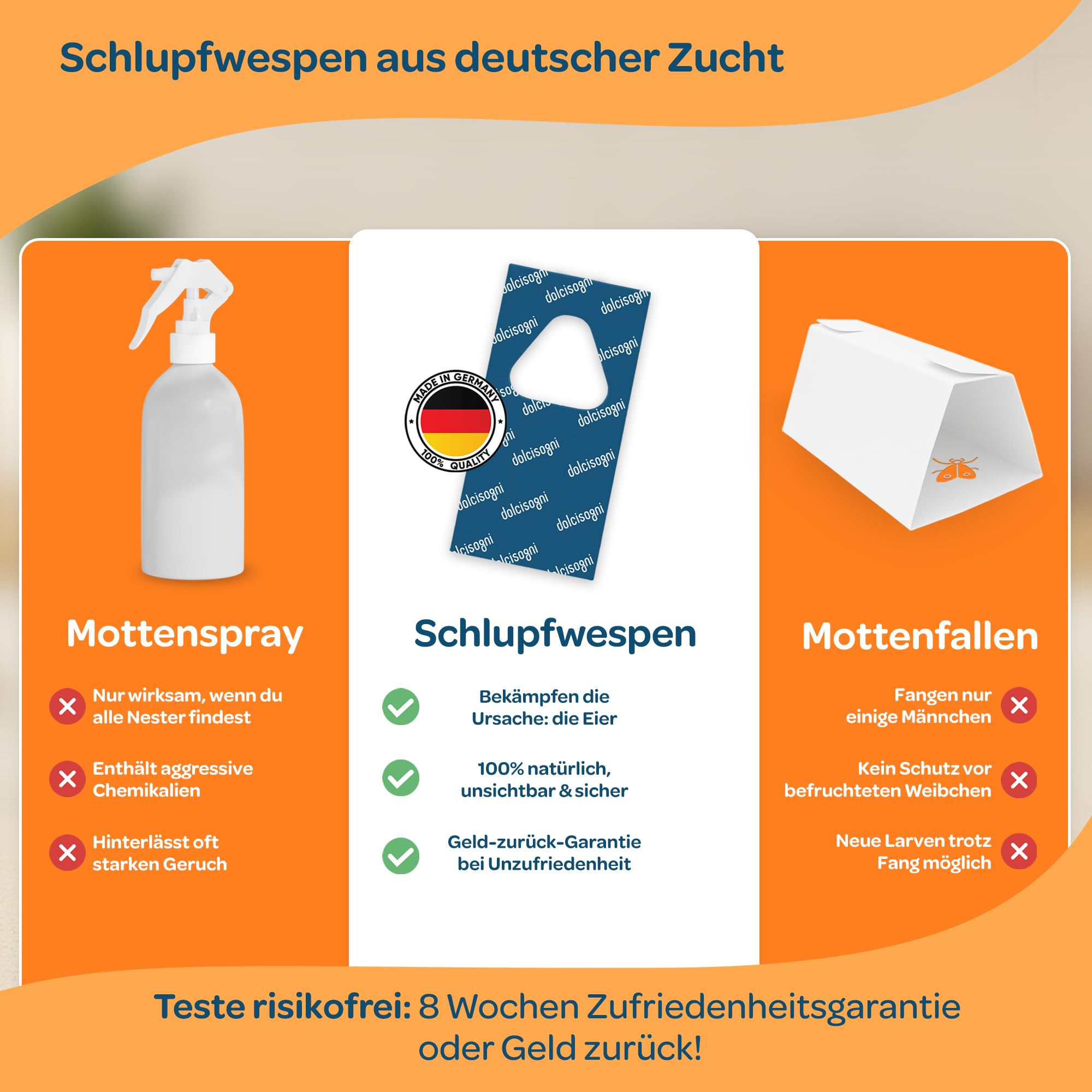 DOLCI SOGNI Ichneumons Anti Mites Alimentaires – Anti Mites Naturel & Puissant – Piège à Mites sans Produits Chimiques – Trichogrammes pour Cuisine, Placard & Garde-Manger – 5 Cartes