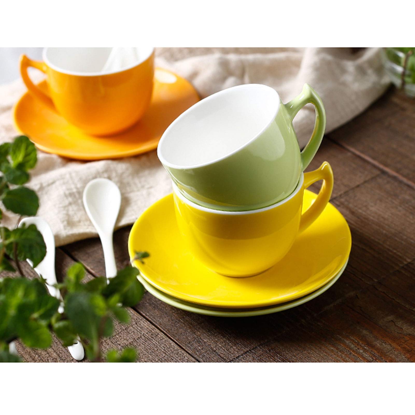 HASMI Kaffeetasse Regenbogen-Farbe Keramik-Kaffee-Tee-Geschenk-Set hell farbige Latte-Tasse, Teetasse, Untertasse und Teelöffel (Aufnahme von 6 Personen), mit Stand Teetasse