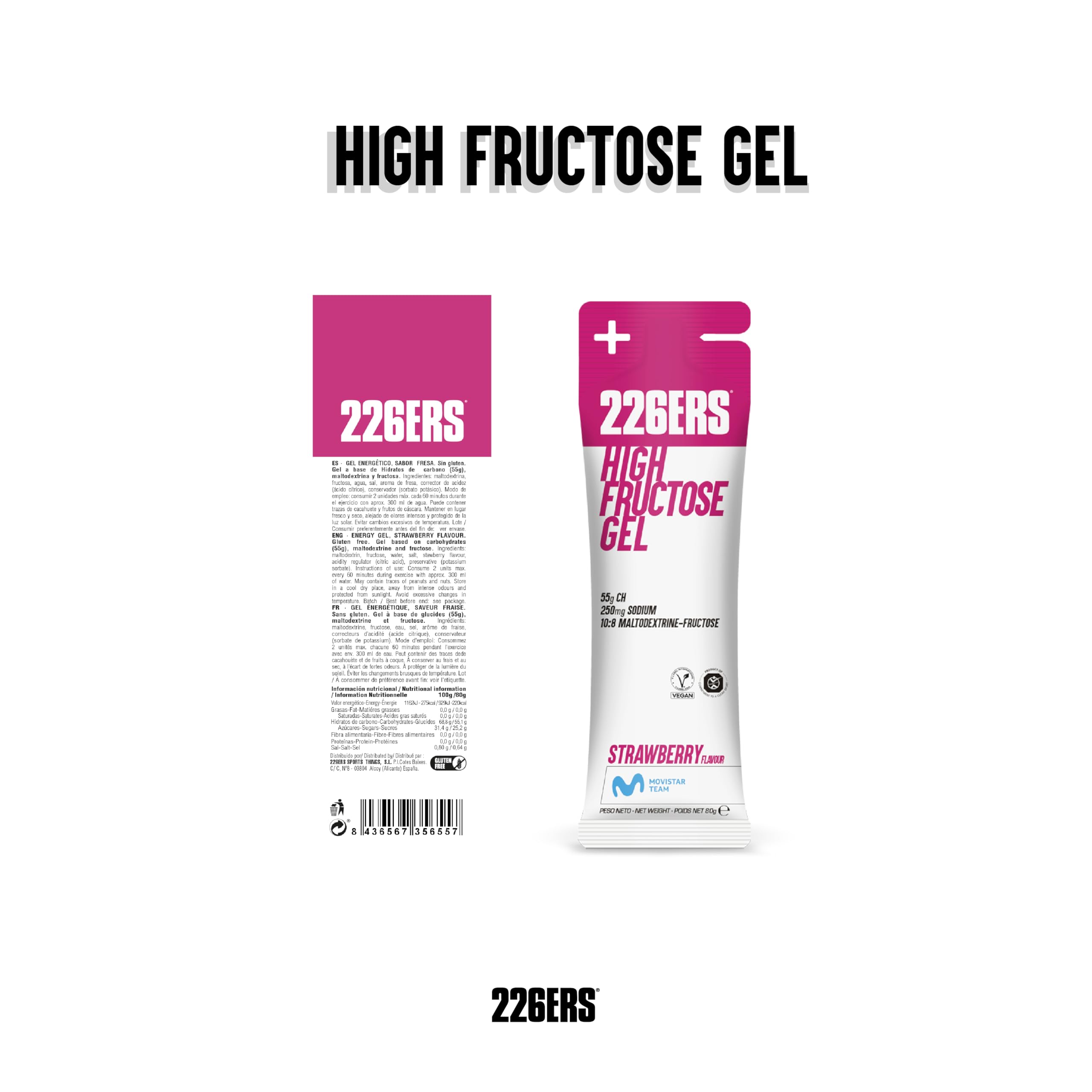 226ERS - High Fructose, Gel Energético para Deportistas, con Maltodextrina y Fructosa, Vegano y Sin Gluten, Aporte Hidratos de Carbono, Sabor Fresa, 1 Gel x 80 g