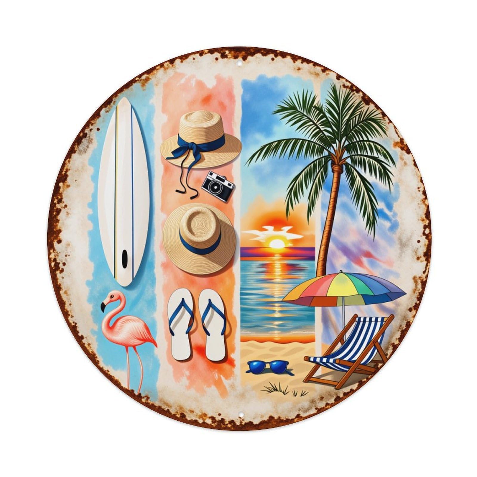 Beach Scene With Palm Tree Round Tin Sign Vintage Style Metal Sign Home Bar Garden Wall Plaque Decor Metal Poster 8x8 Inch