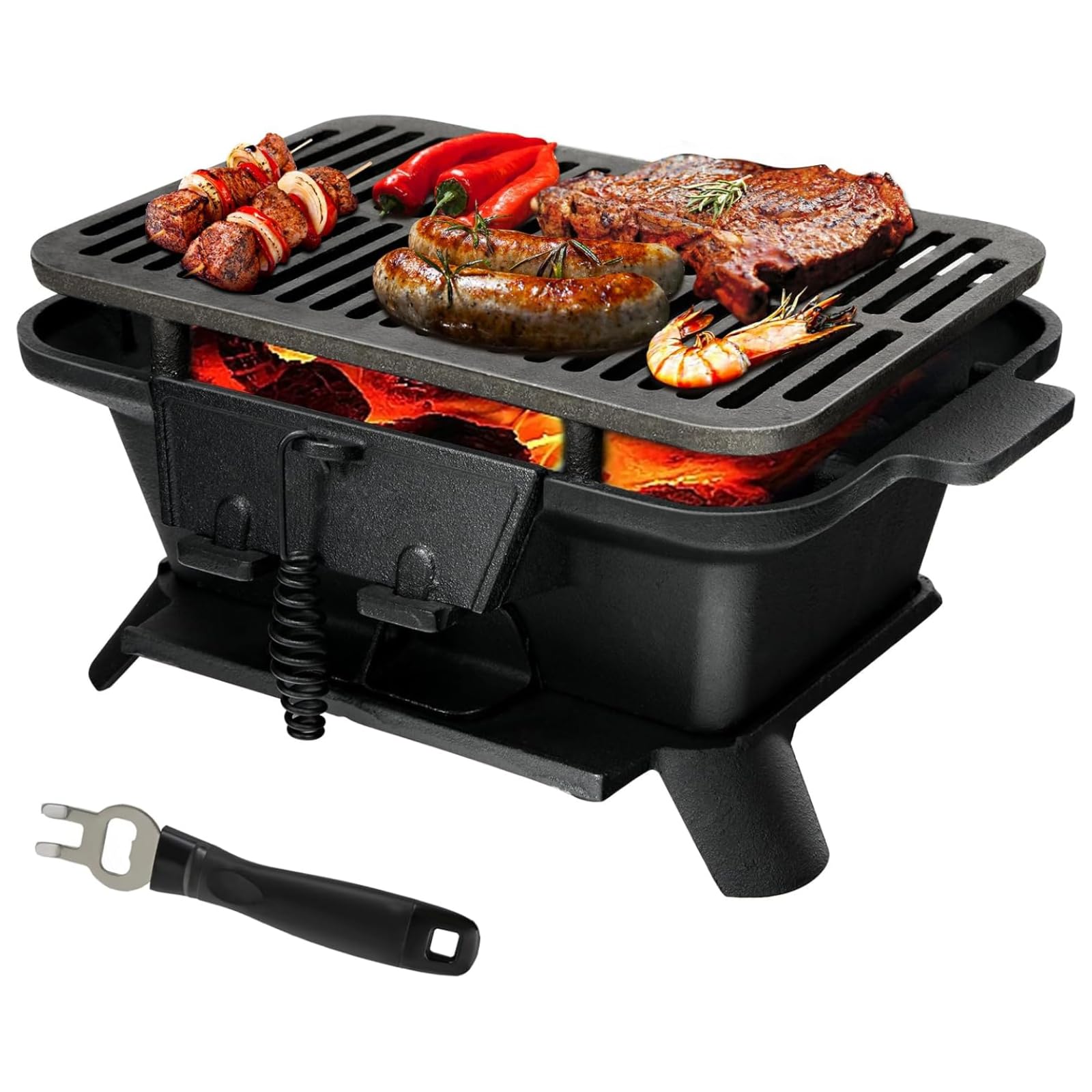 SPOTRAVEL Cast Iron Charcoal Grill, Portable Tabletop BBQ Griller with Double-Sided Grill Grid, Air Control & Coal Door, Outdoor Charcoal Barbecue Grill for Camping Picnic Party (Black)