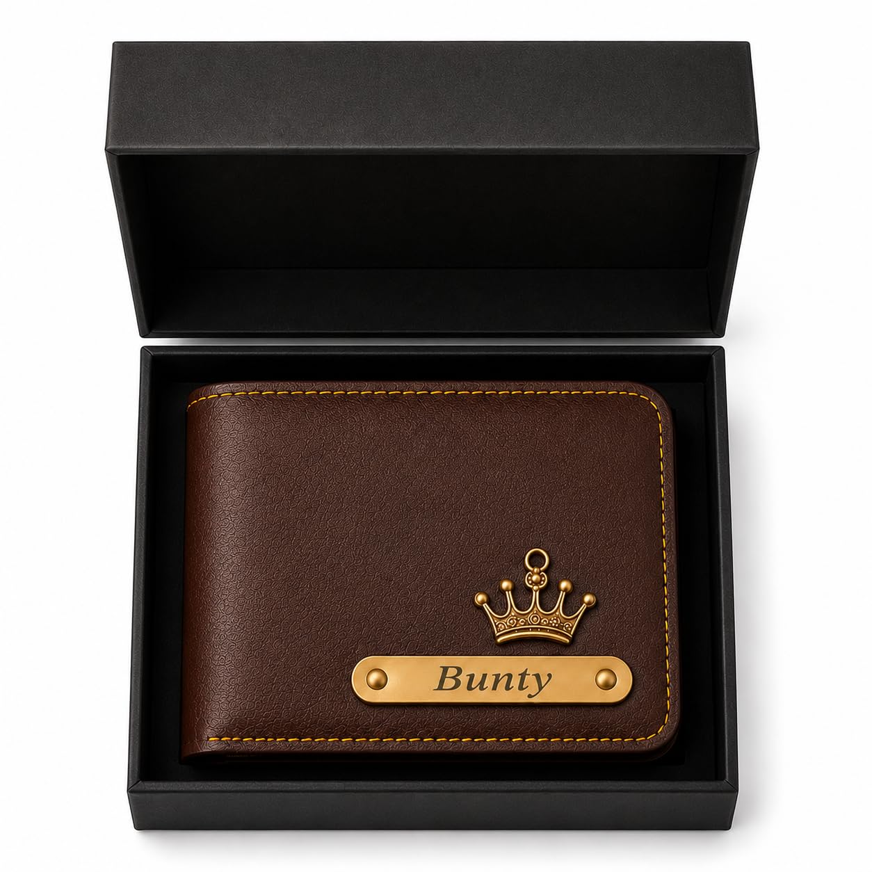 personalized men's leather wallet with custom name & crown charm (brown, gold)