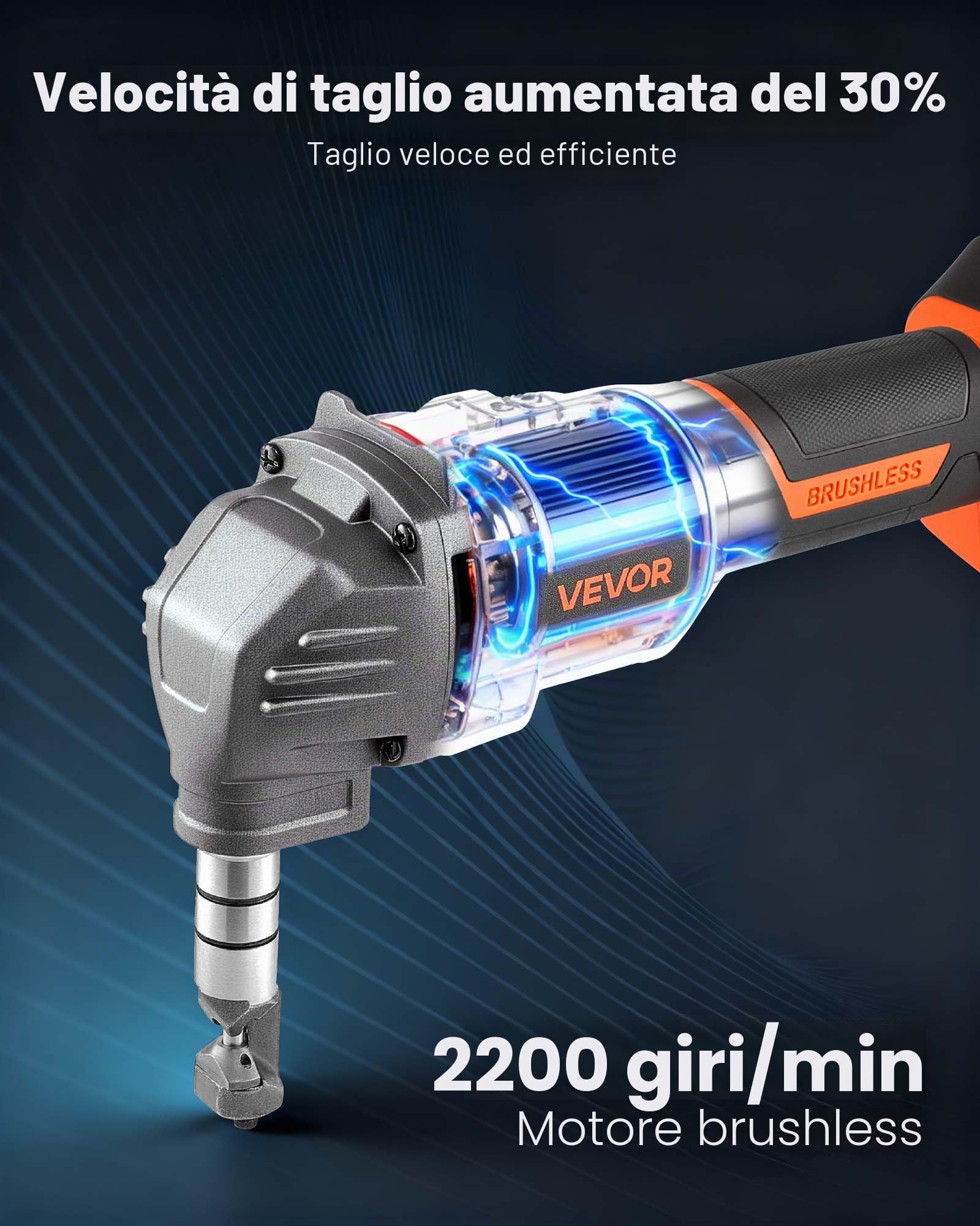 VEVOR Roditrice per Lamiere Senza Fili con Batteria da 20 V 4000 mAh, Motore Brushless da 2200 giri/min, Taglierina Elettrica per Lamiere con Custodia in Plastica per Taglio di Acciaio Alluminio