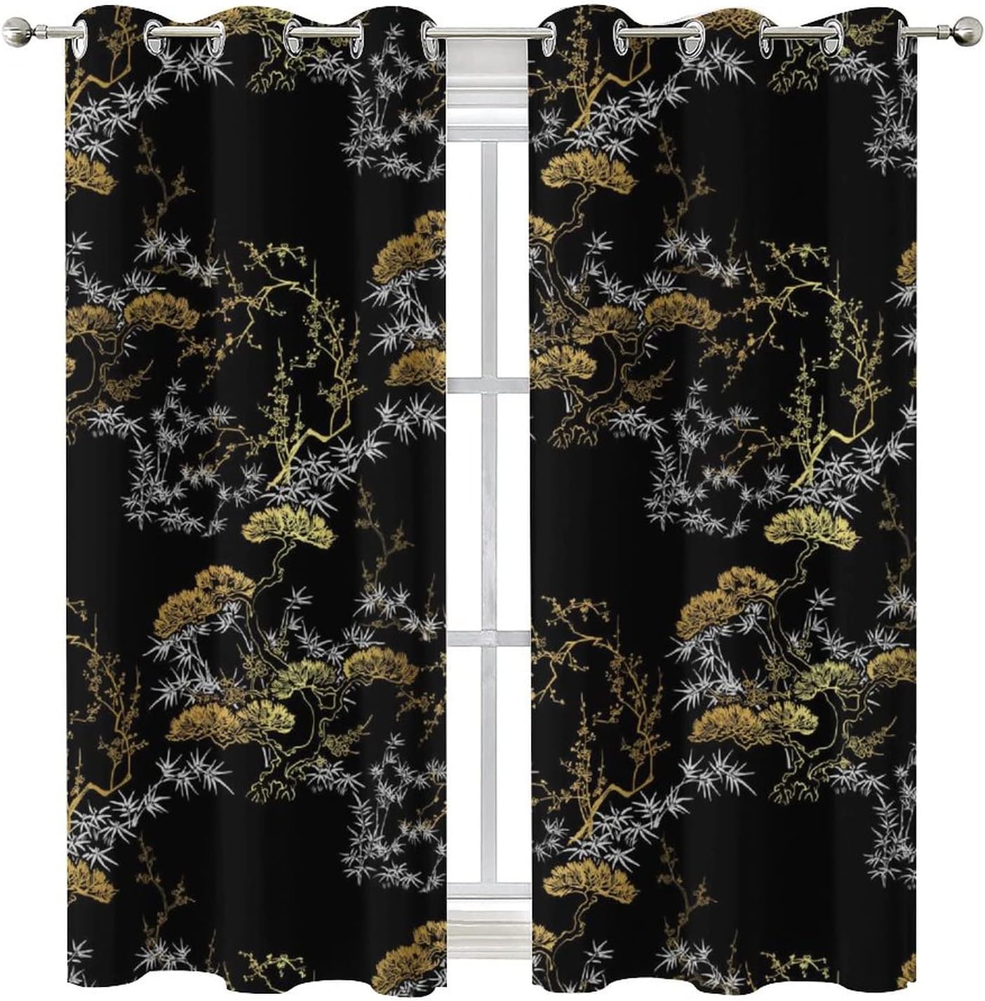 Cool Japanese Curtains - Modern Black Gold Japanese Chinese Pine Pattern Window Drapes Room Darkening Blackout Curtains Thermal Insulated Grommet Curtains for Bedroom 2 Panels 63L x 27.5W