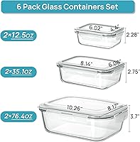 Vista 2 de Vtopmart 2.26L/76oz Extra Large Glass Food Storage Containers with Lids, 6 pack Meal Prep Container Set, Airtight Lunch Boxes with Snap Locking Lids