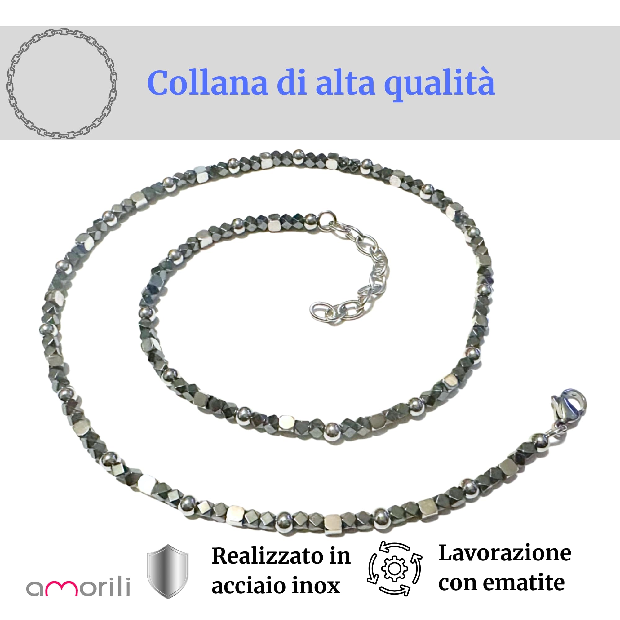 Collana Girocollo Uomo Acciaio Inox con Ematite Sfaccettata Collana Elegante Moderna Stile Estivo Collier Maschile Regalo Uomo - cll1678