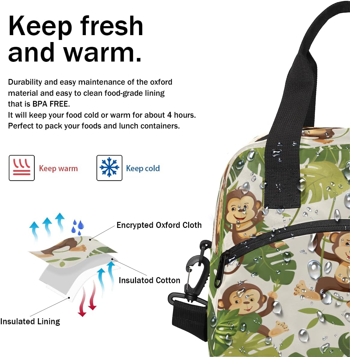 Monkey Insulated Lunch Bag For Women Men Leakproof Reusable Lunch Box Cooler Tote Bags For Travel Work Picnic
