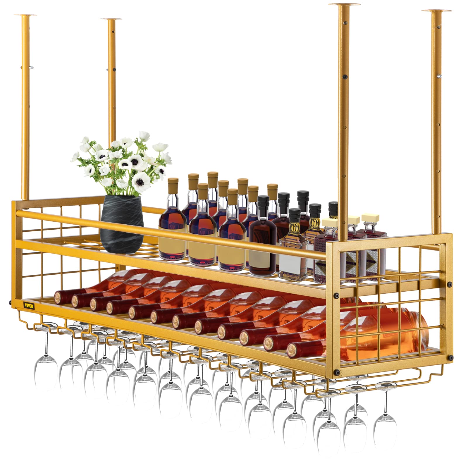 VEVOR Hanging Wine Glass Rack, 46.9 x 11.8 inch, Height Adjustable, Gold Wall-Mounted, Perfect for Bar, Cafe, Kitchen