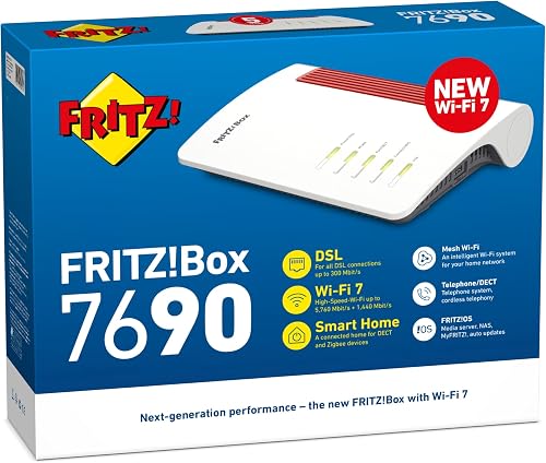 FRITZ!Box 7690, Modem Router Wi-Fi 7 Dual Band (2.4 GHz, 5 GHz) fino a 7.000 Mbit/s, per FTTC VDSL FTTH con ONT, 1x Wan 2,5 Gb, 1X Lan 2,5 Gb, 2X Lan Gb - 6